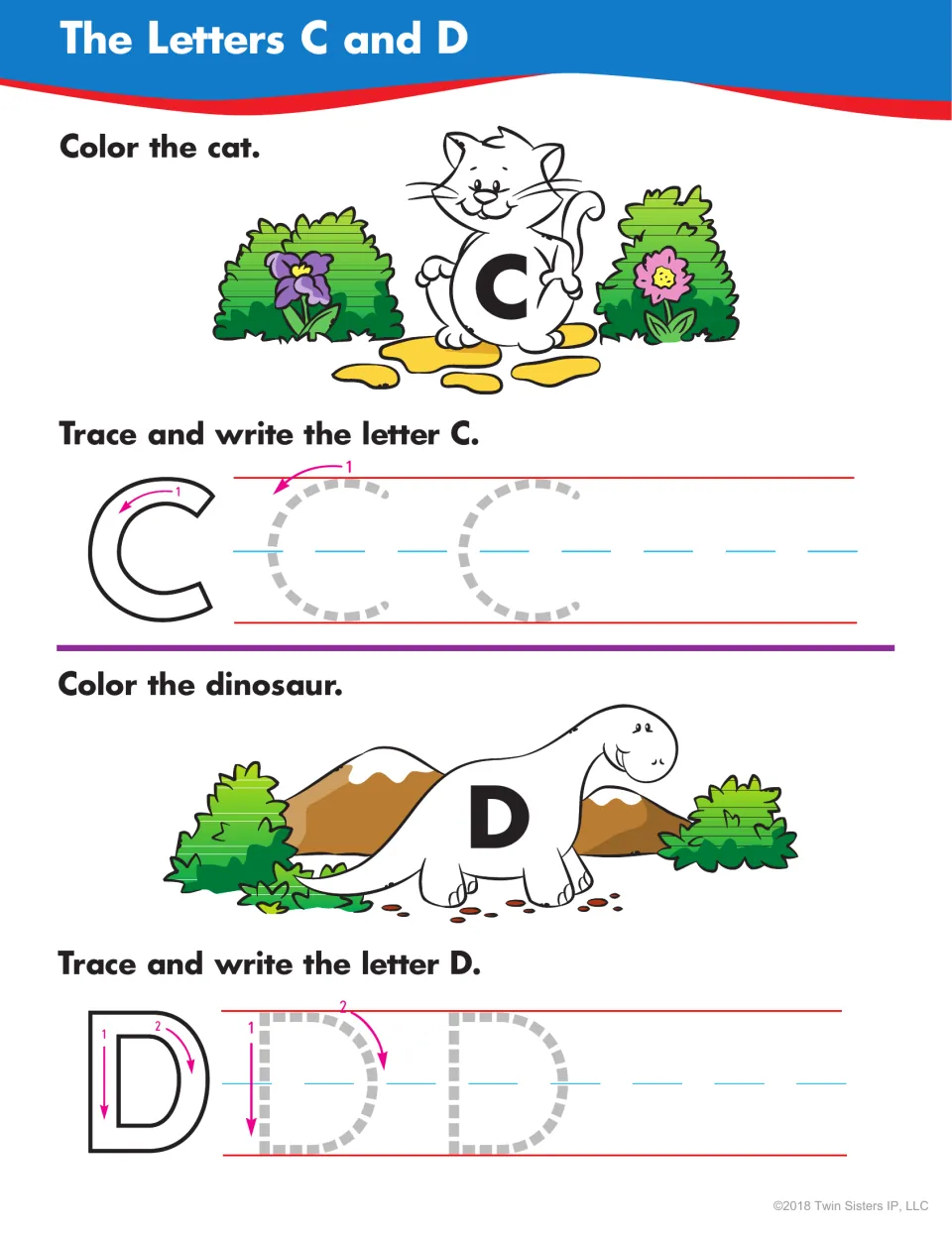 Letters C and D: students color a cat and a dinosaur, then trace and write uppercase C and D following the stroke arrows