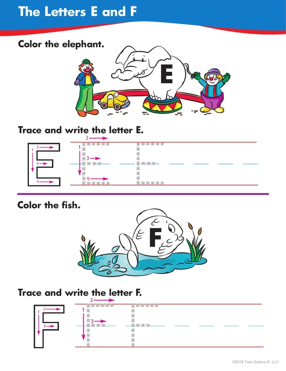 Letters E and F: students color a circus elephant and a fish, then trace and write uppercase E and F by numbered strokes