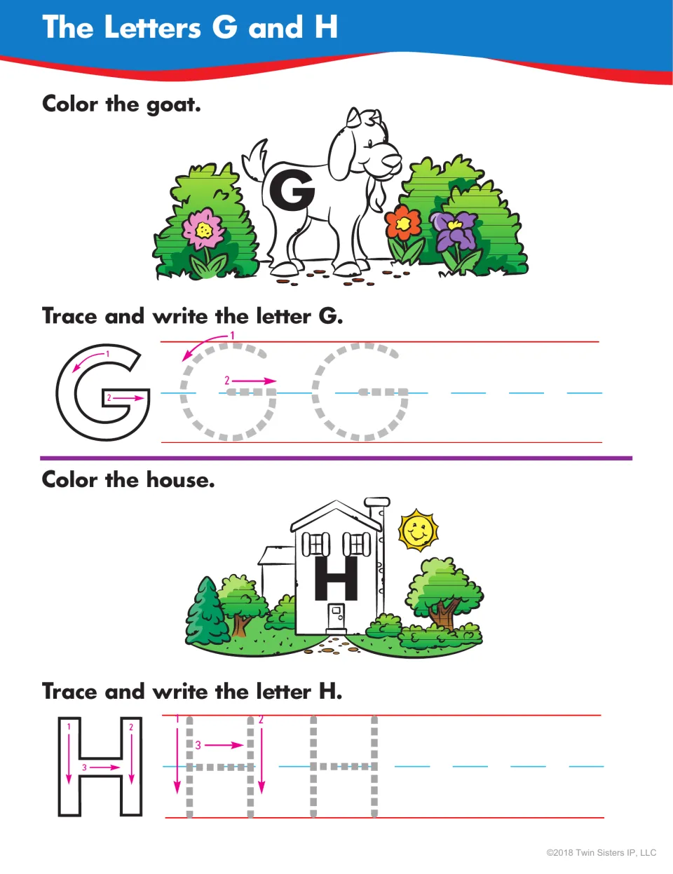 Letters G and H: students color a goat and a house, then trace and write uppercase G and H following numbered arrows