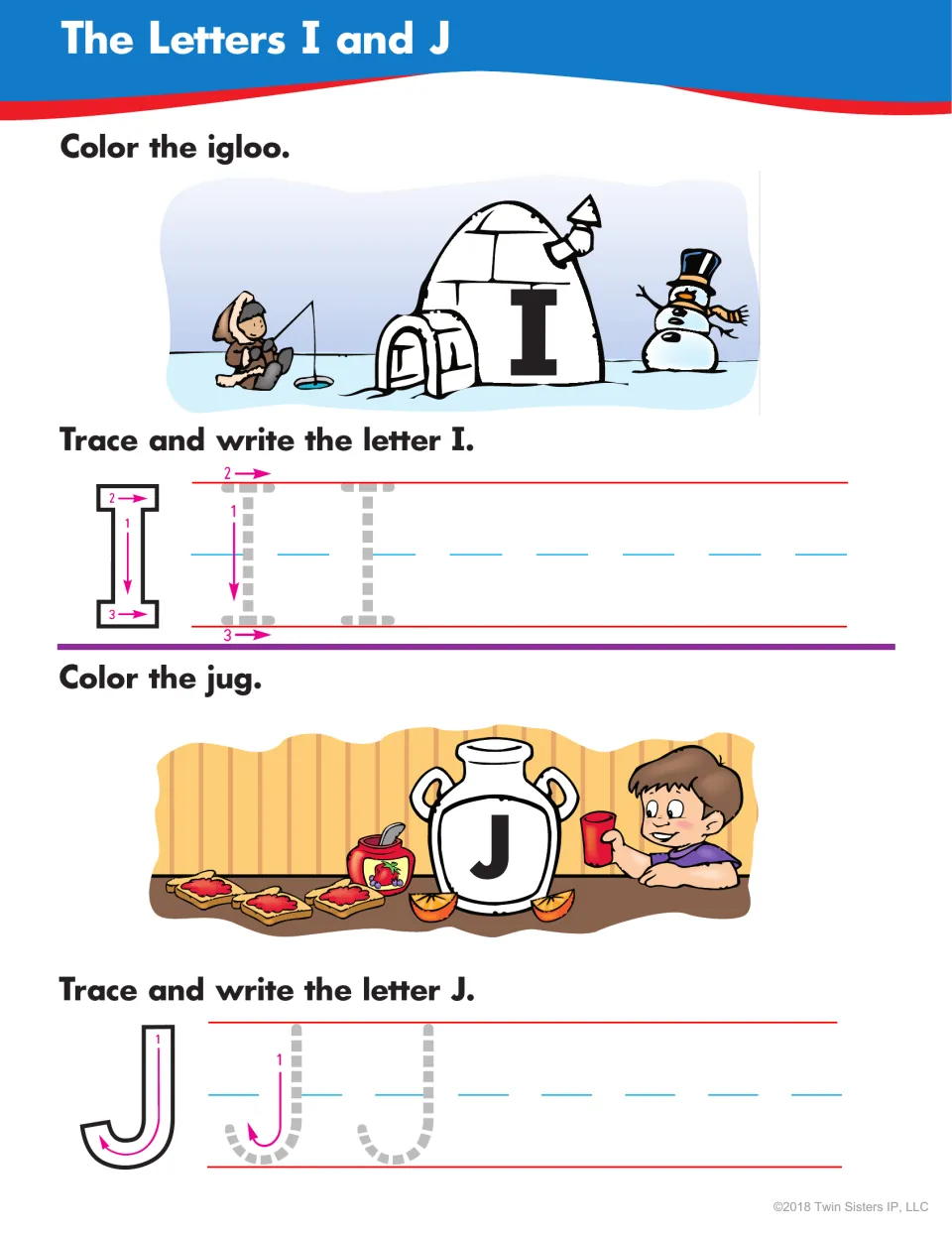 Letters I and J: students color an igloo and a jug, then trace and write uppercase I and J using the stroke-order arrows