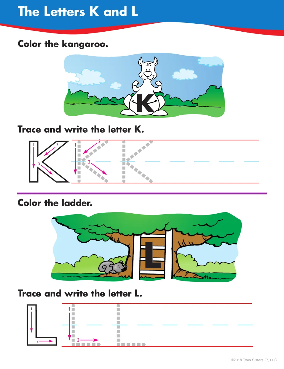 Letters K and L: students color a kangaroo and a ladder, then trace and write uppercase K and L with numbered strokes