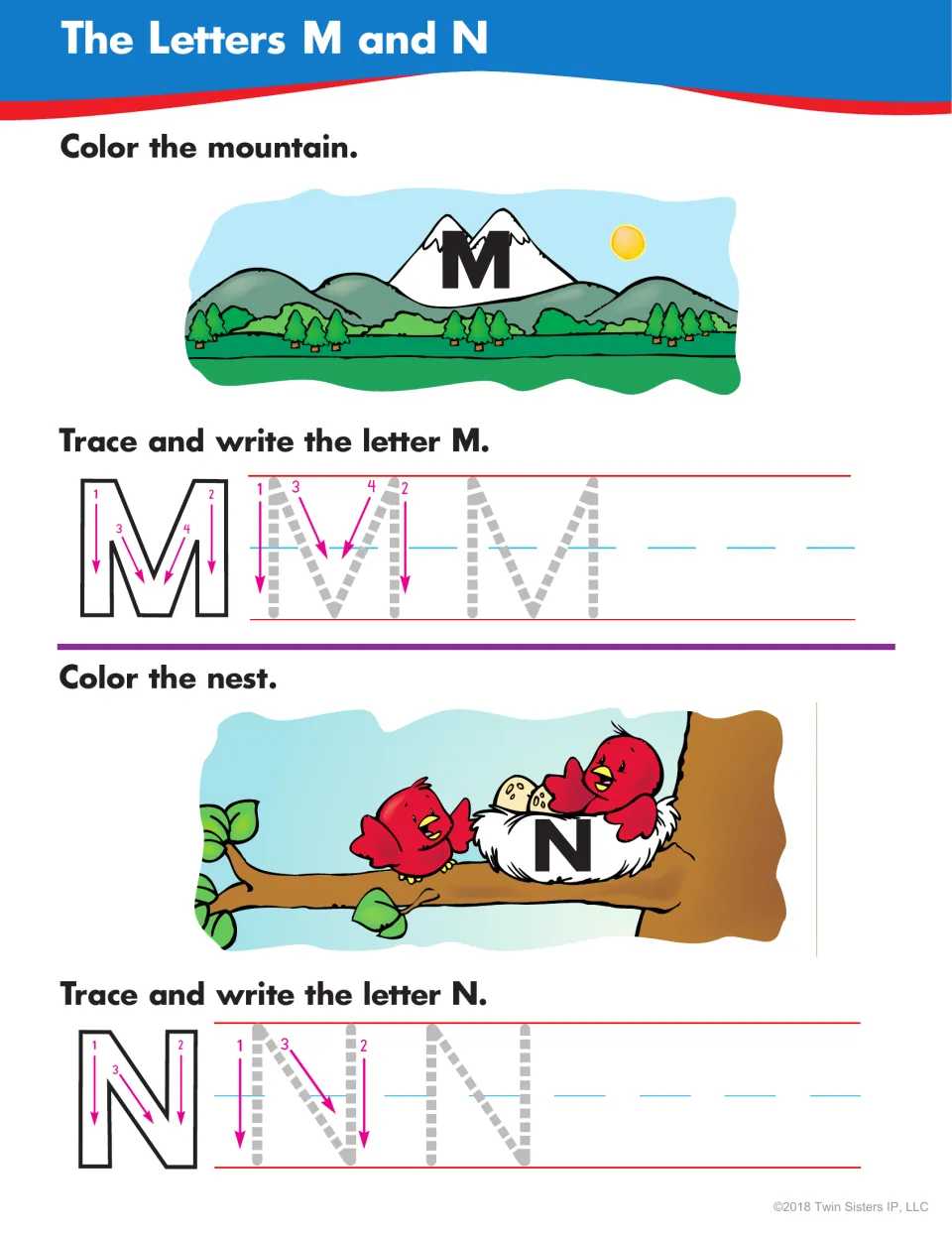 Letters M and N: students color a mountain and a bird nest, then trace and write uppercase M and N following the arrows