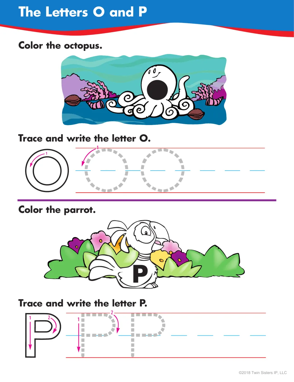 Letters O and P: students color an octopus and a parrot, then trace and write uppercase O and P using stroke arrows