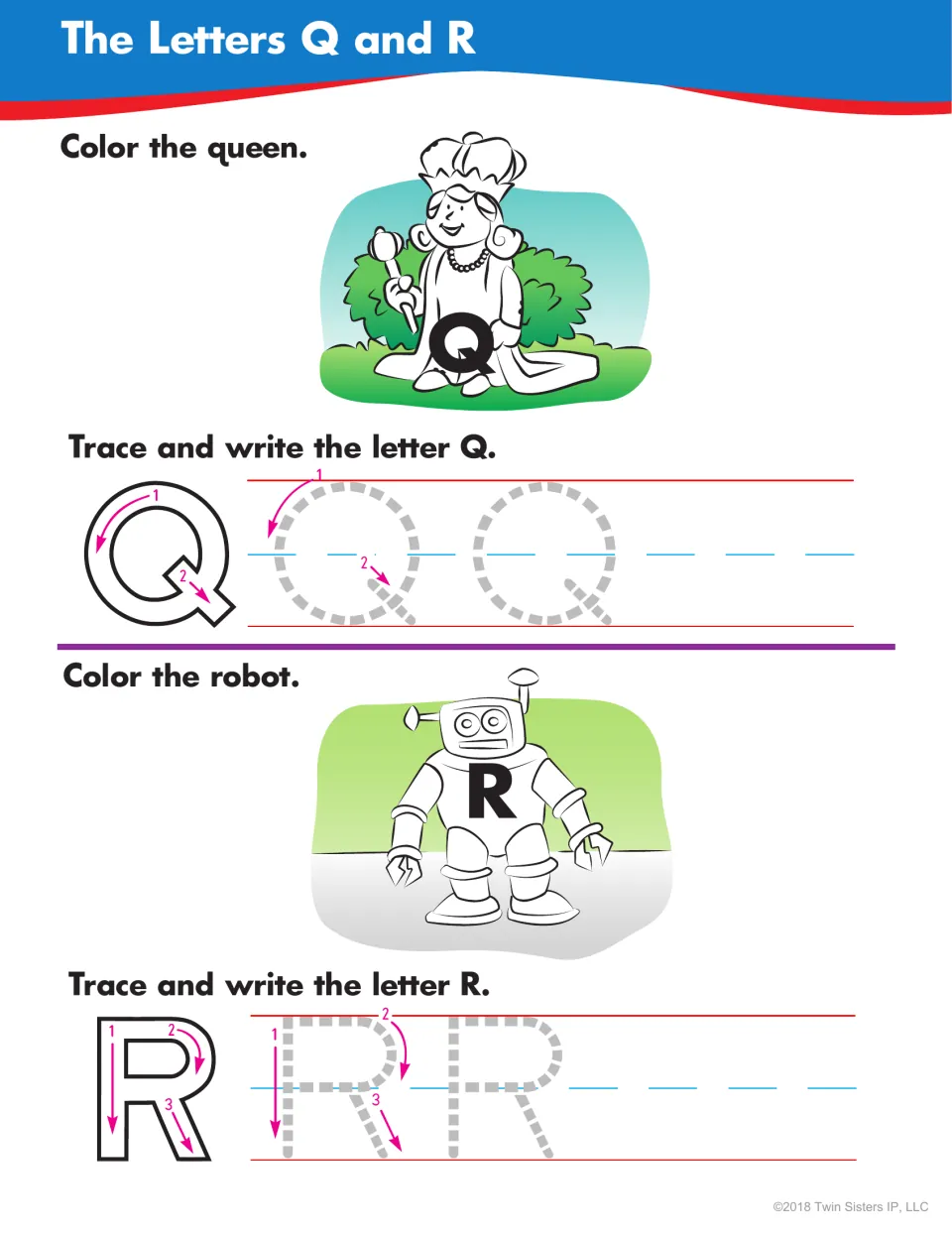 Letters Q and R: students color a queen and a robot, then trace and write uppercase Q and R following numbered strokes