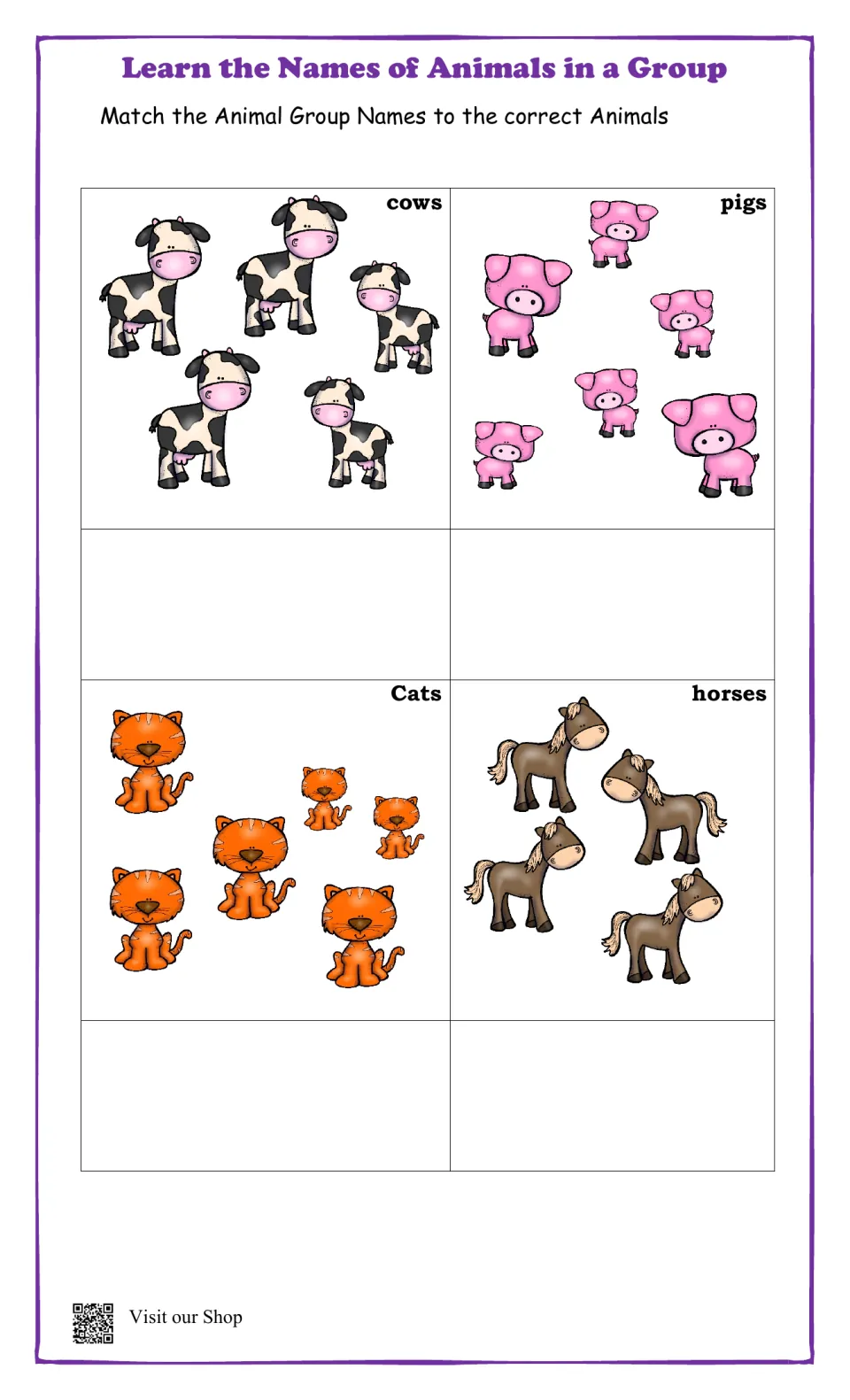 Animal group names matching: students match a group name to pictures of cows, pigs, cats and horses