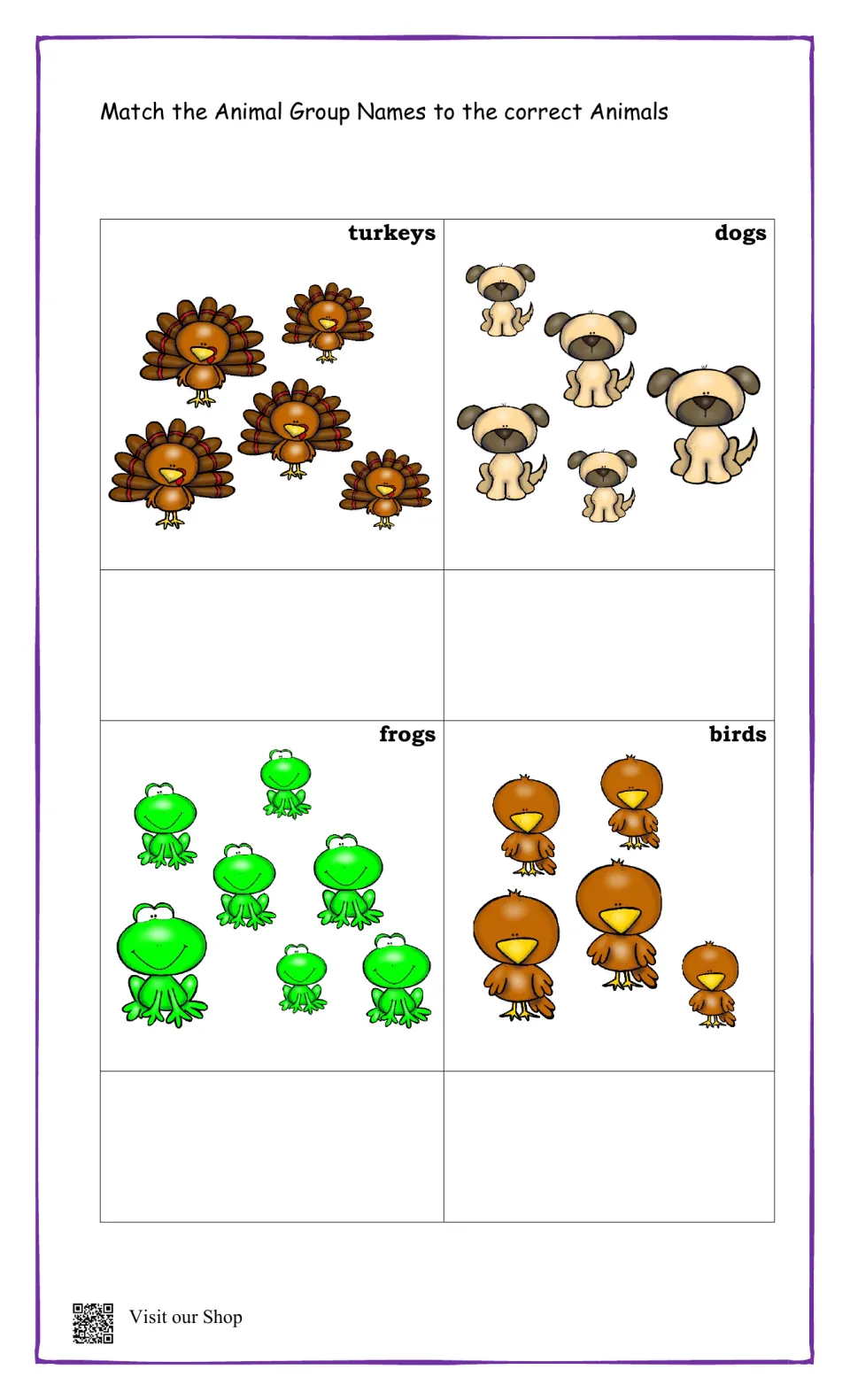 Collective nouns matching: students find the group name for illustrated turkeys, dogs, frogs and birds and place it below