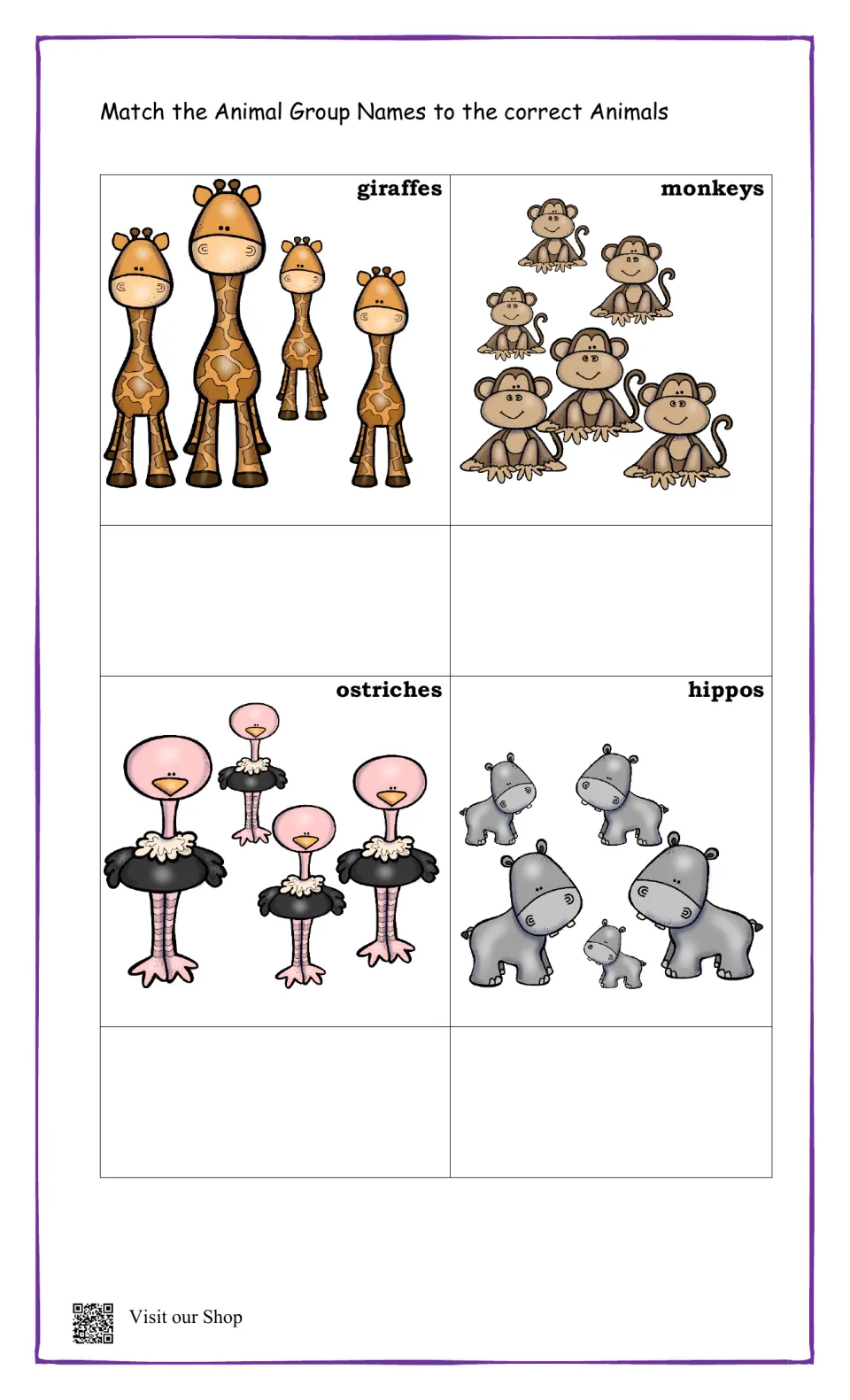 Wild animal group names: students match a group word to illustrated giraffes, monkeys, ostriches and hippos
