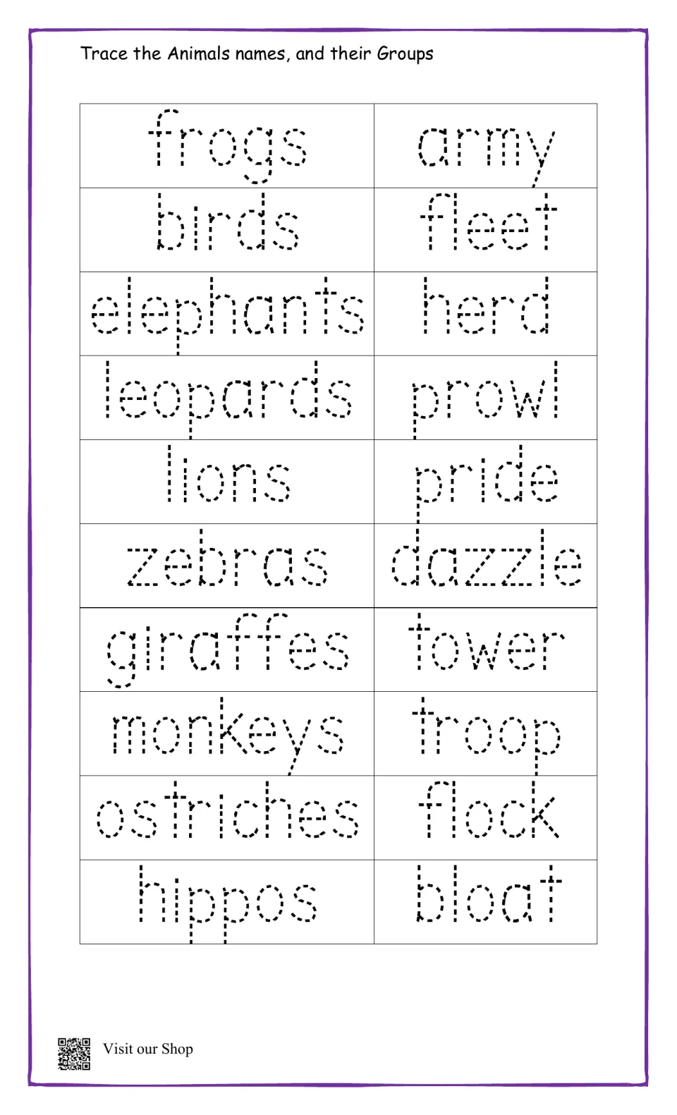 Tracing animal group names: students trace frogs army, lions pride, zebras dazzle and hippos bloat in dotted letters