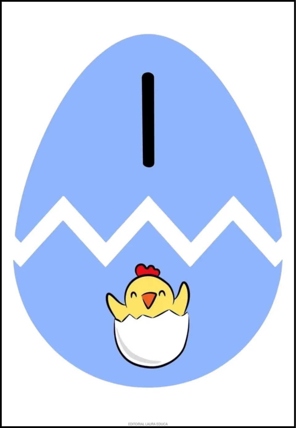 Egg number cut-out puzzle 1: a numeral 1 on the top half and one hatching chick on the matching bottom half.