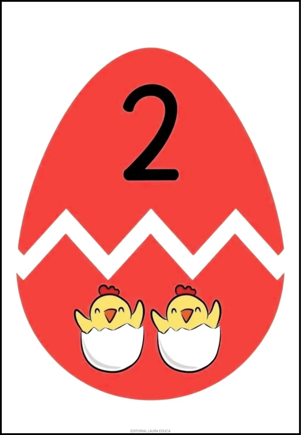 Egg number cut-out puzzle 2: a numeral 2 on the top half and two hatching chicks on the matching bottom half.