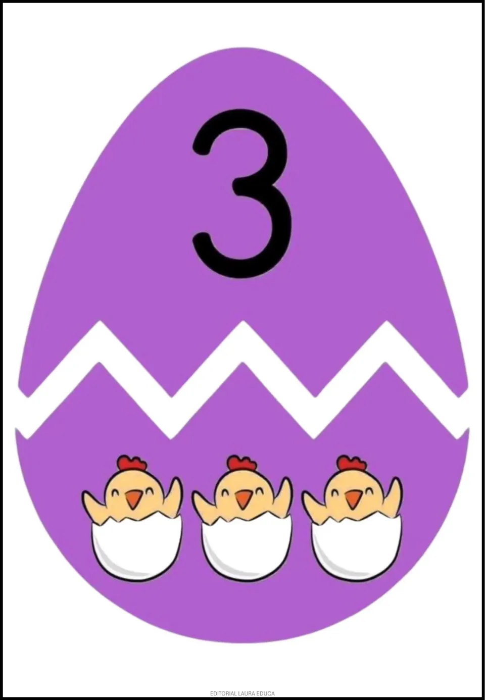 Egg number cut-out puzzle 3: a numeral 3 on the top half and three hatching chicks on the matching bottom half.