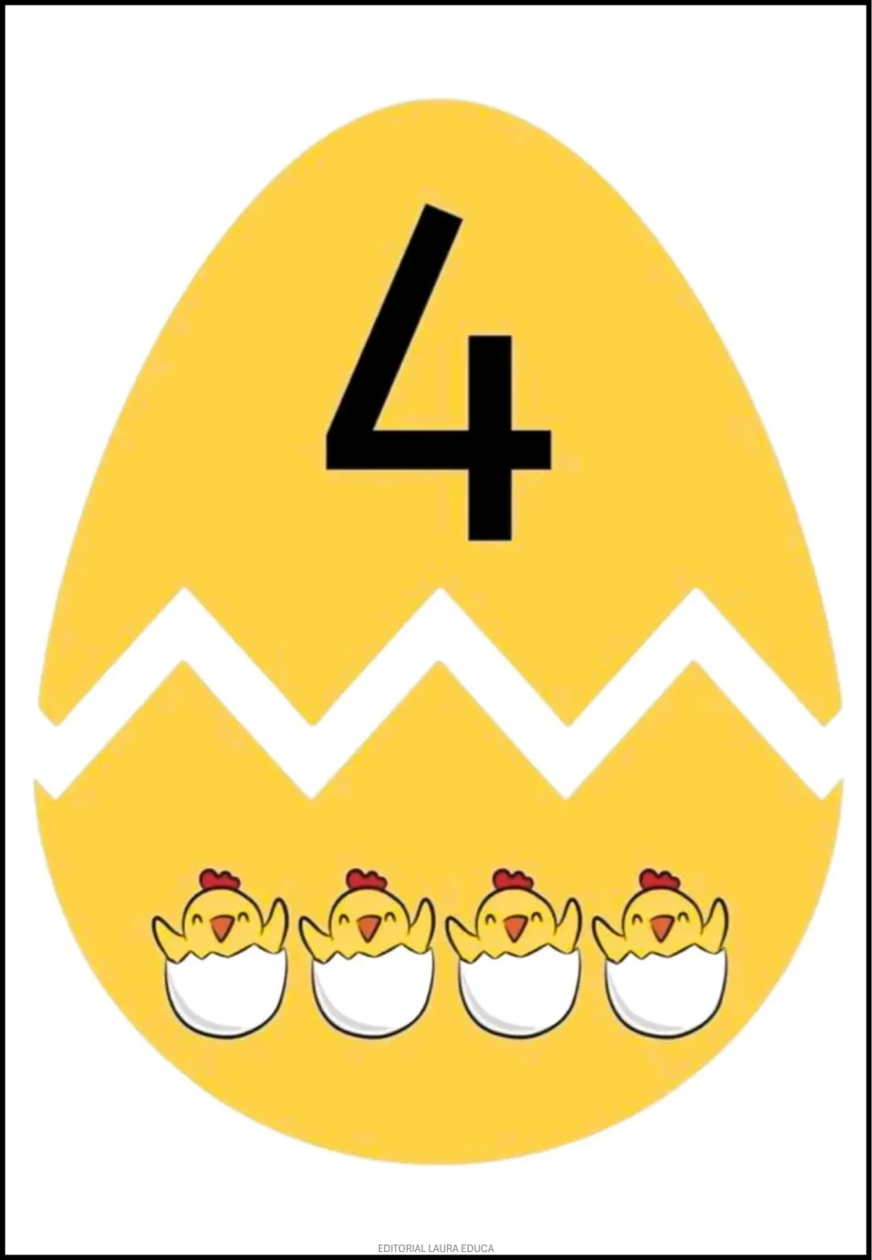 Egg number cut-out puzzle 4: a numeral 4 on the top half and four hatching chicks on the matching bottom half.