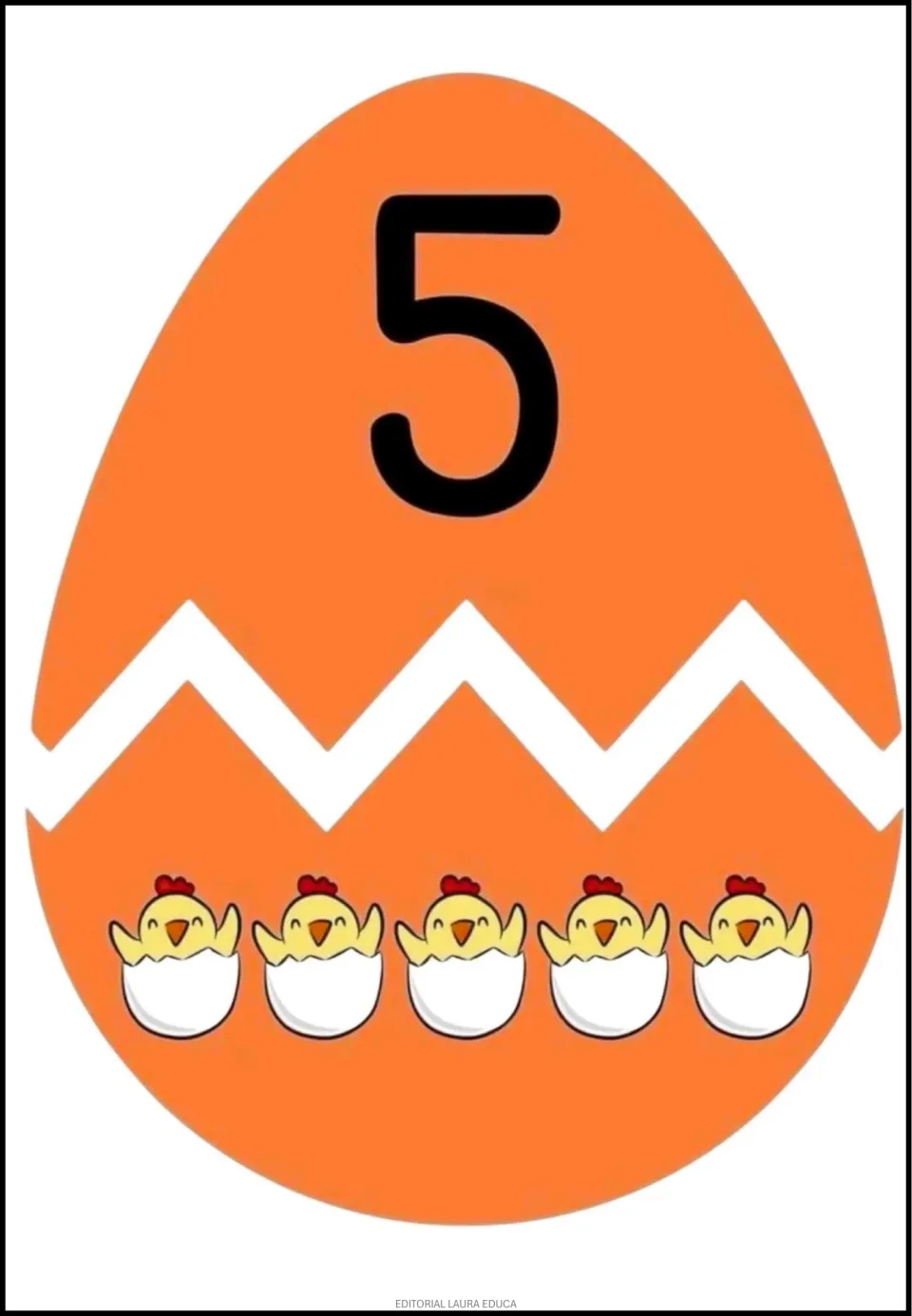 Egg number cut-out puzzle 5: a numeral 5 on the top half and five hatching chicks on the matching bottom half.