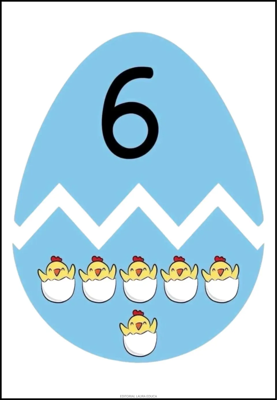 Egg number cut-out puzzle 6: a numeral 6 on the top half and six hatching chicks on the matching bottom half.