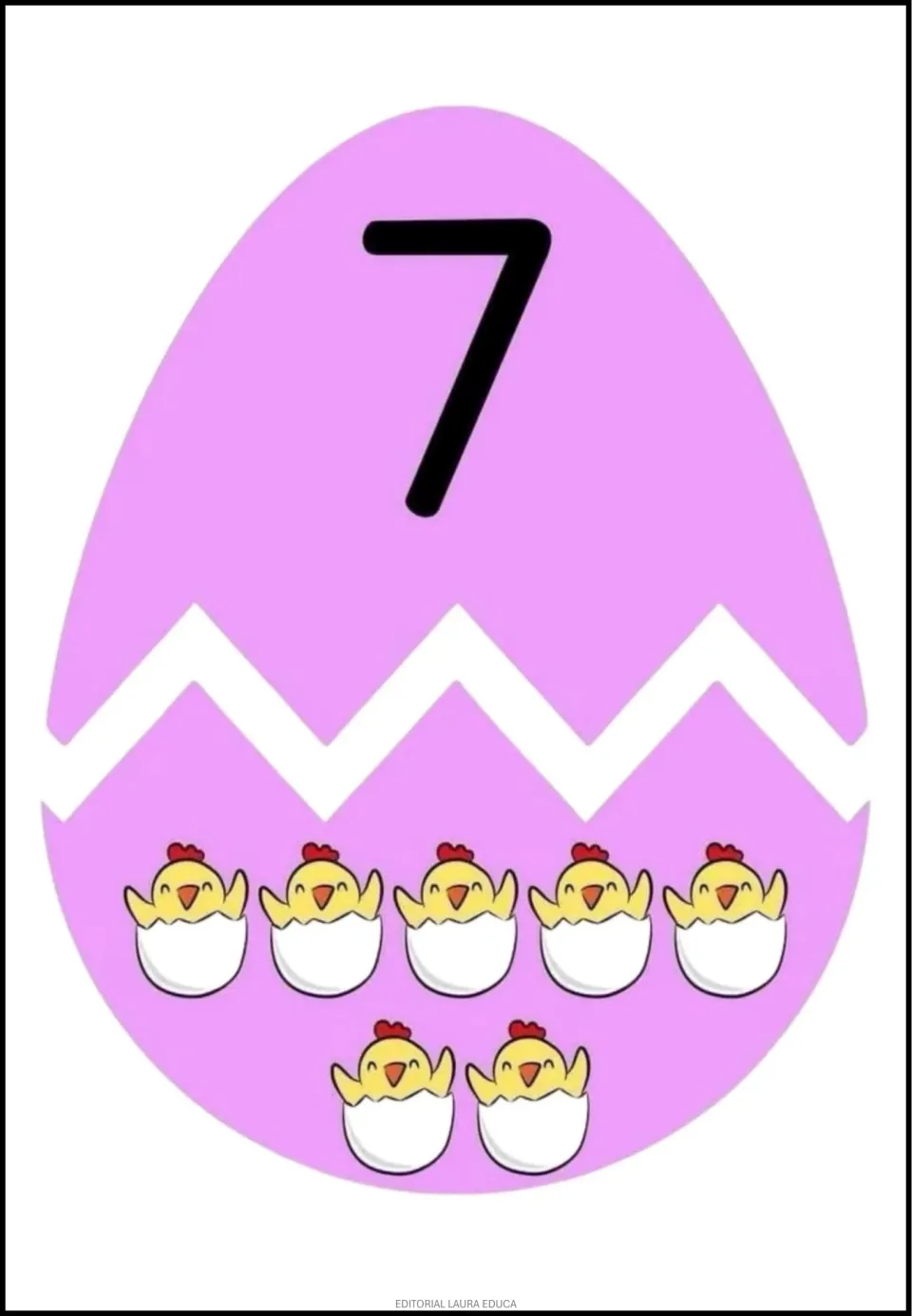 Egg number cut-out puzzle 7: a numeral 7 on the top half and seven hatching chicks on the matching bottom half.