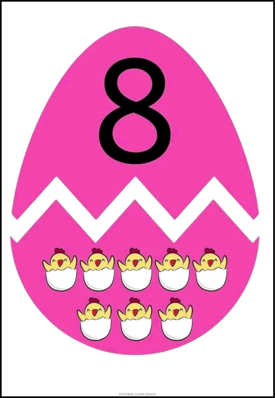 Egg number cut-out puzzle 8: a numeral 8 on the top half and eight hatching chicks on the matching bottom half.