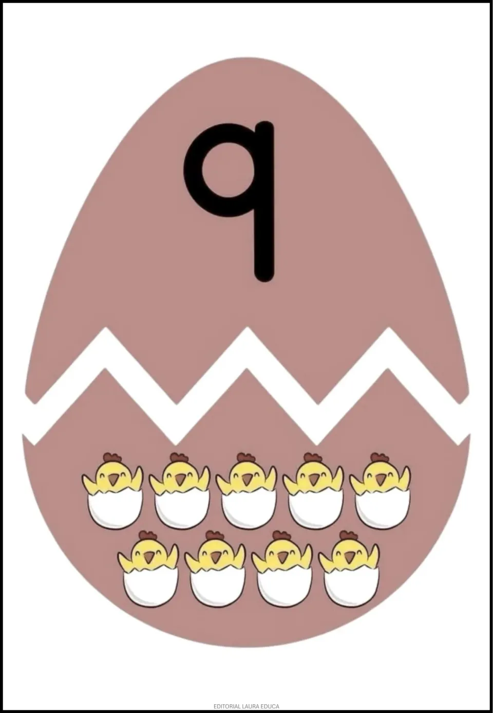 Egg number cut-out puzzle 9: a numeral 9 on the top half and nine hatching chicks on the matching bottom half.