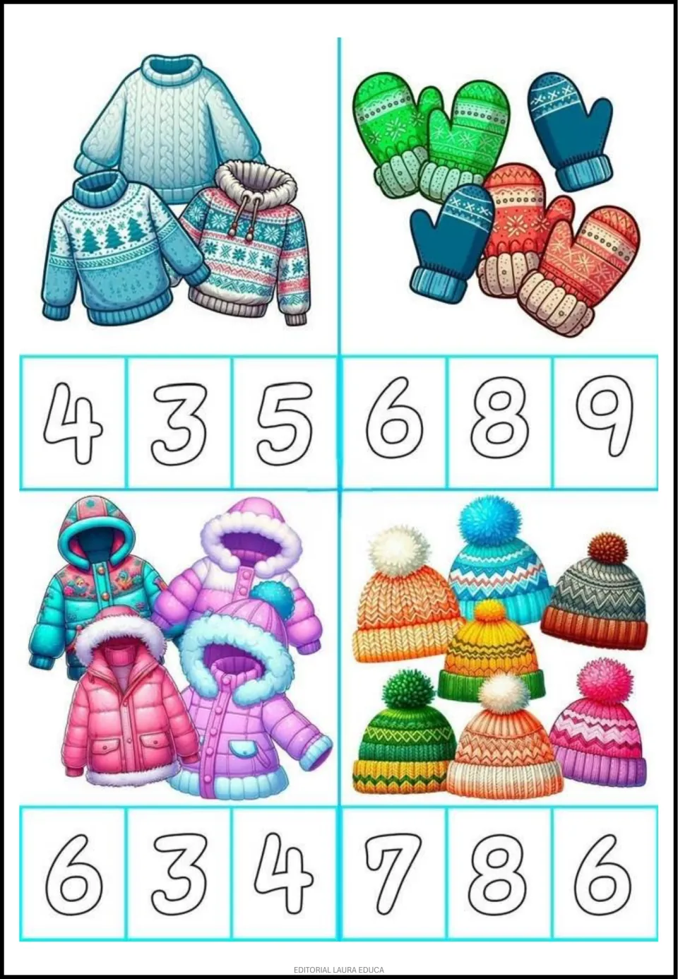 Counting flashcards 1–4 show sweaters, mittens, coats, and winter hats, each with three numeral choices