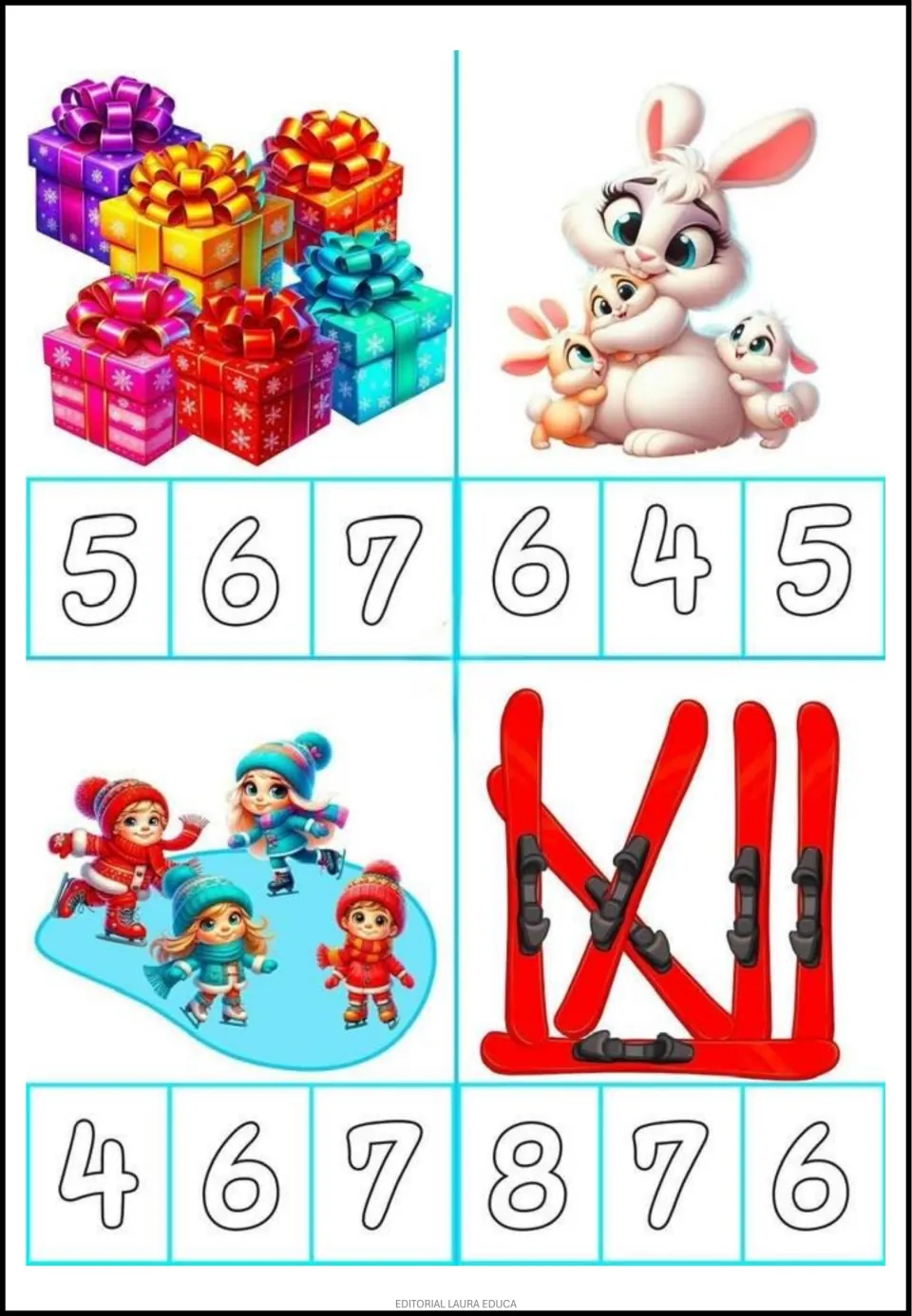 Counting flashcards 5–8 show wrapped gifts, rabbits, ice skaters, and skis, each with three numeral choices