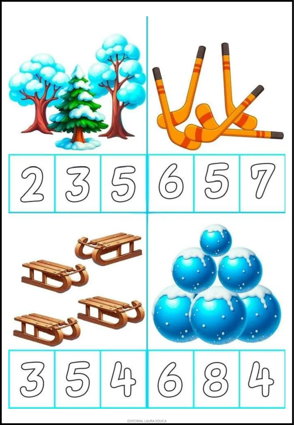Counting flashcards 9–12 show snowy trees, hockey sticks, sleds, and snowballs with three numeral choices each
