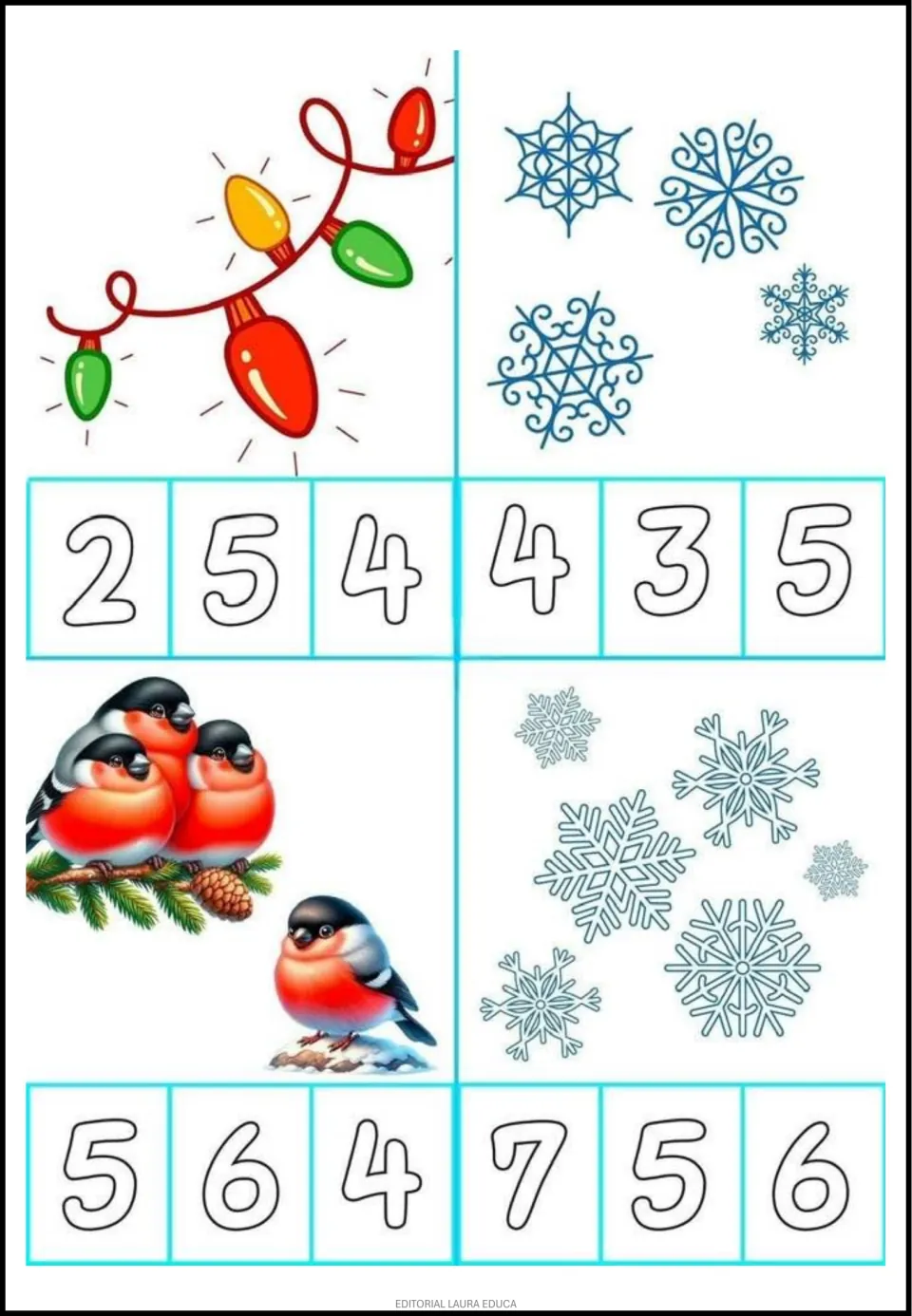 Counting flashcards 13–16 show holiday lights, birds, and two groups of snowflakes with numeral choices