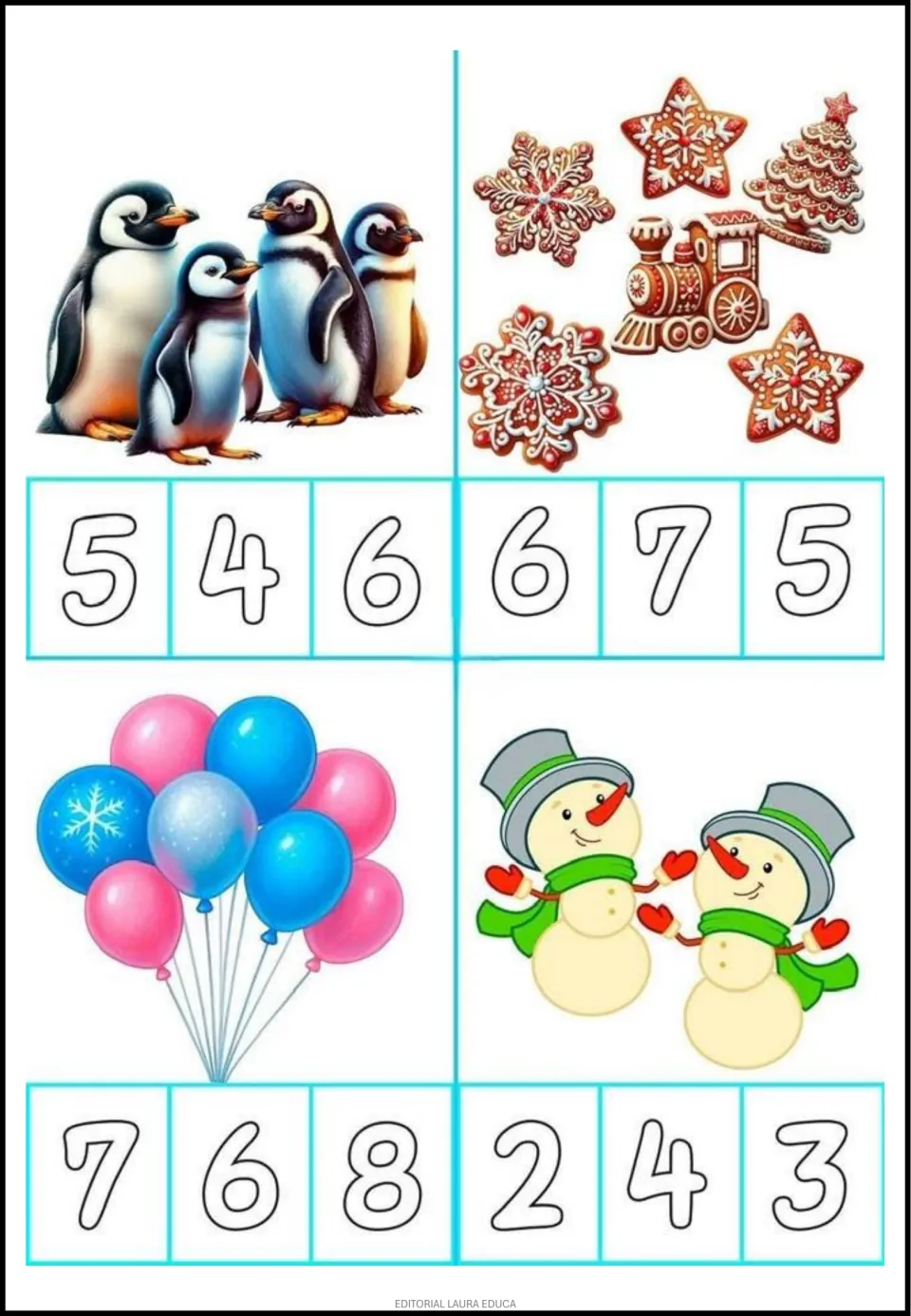 Counting flashcards 17–20 show penguins, decorated cookies, balloons, and snowmen with numeral choices