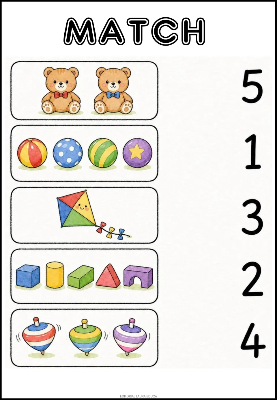 Toy counting practice: match groups of 2 bears, 4 balls, 1 kite, 5 blocks, and 3 spinning tops to numerals