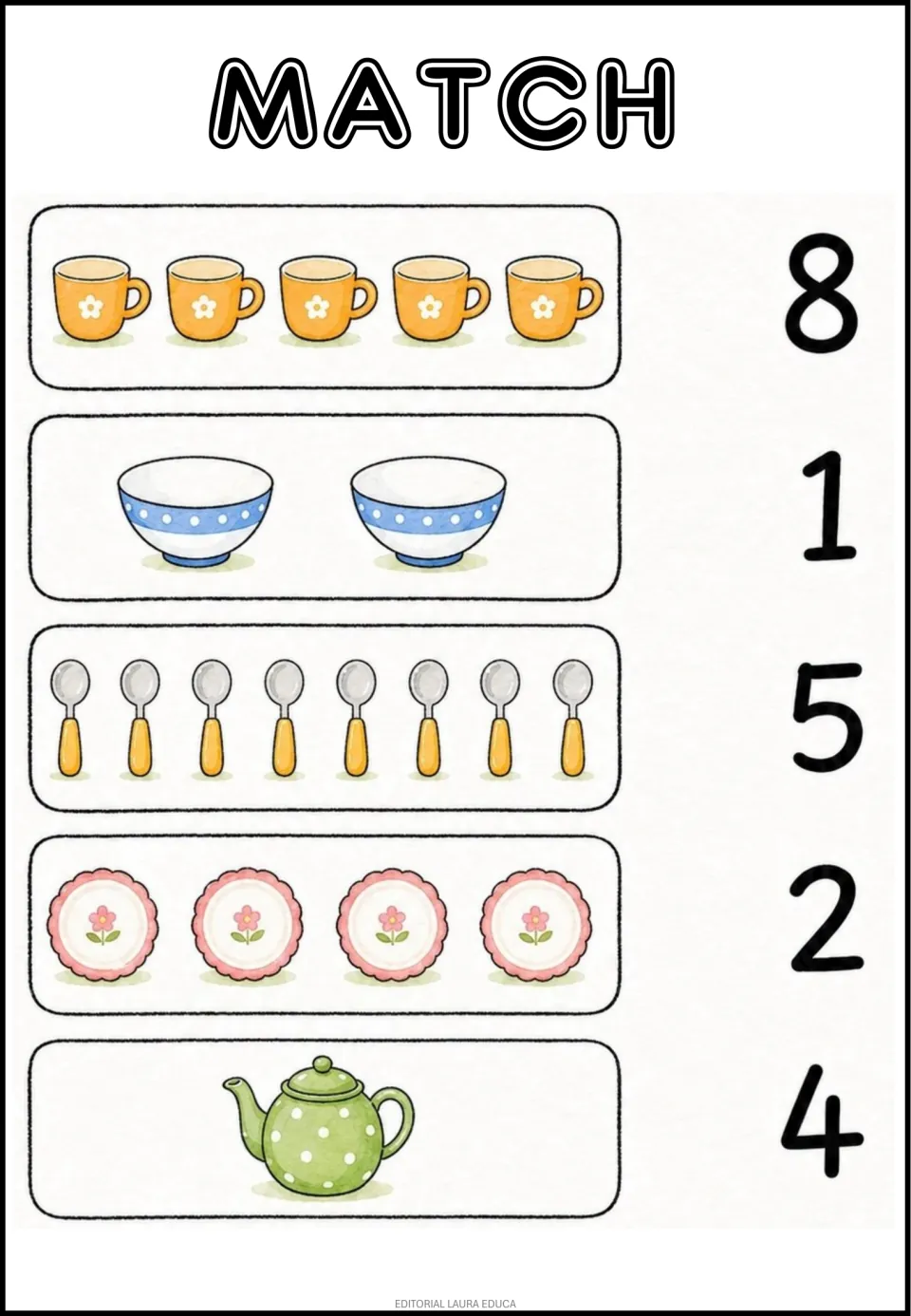 Kitchen counting practice: match groups of 5 cups, 2 bowls, 8 spoons, 4 plates, and 1 teapot to numerals