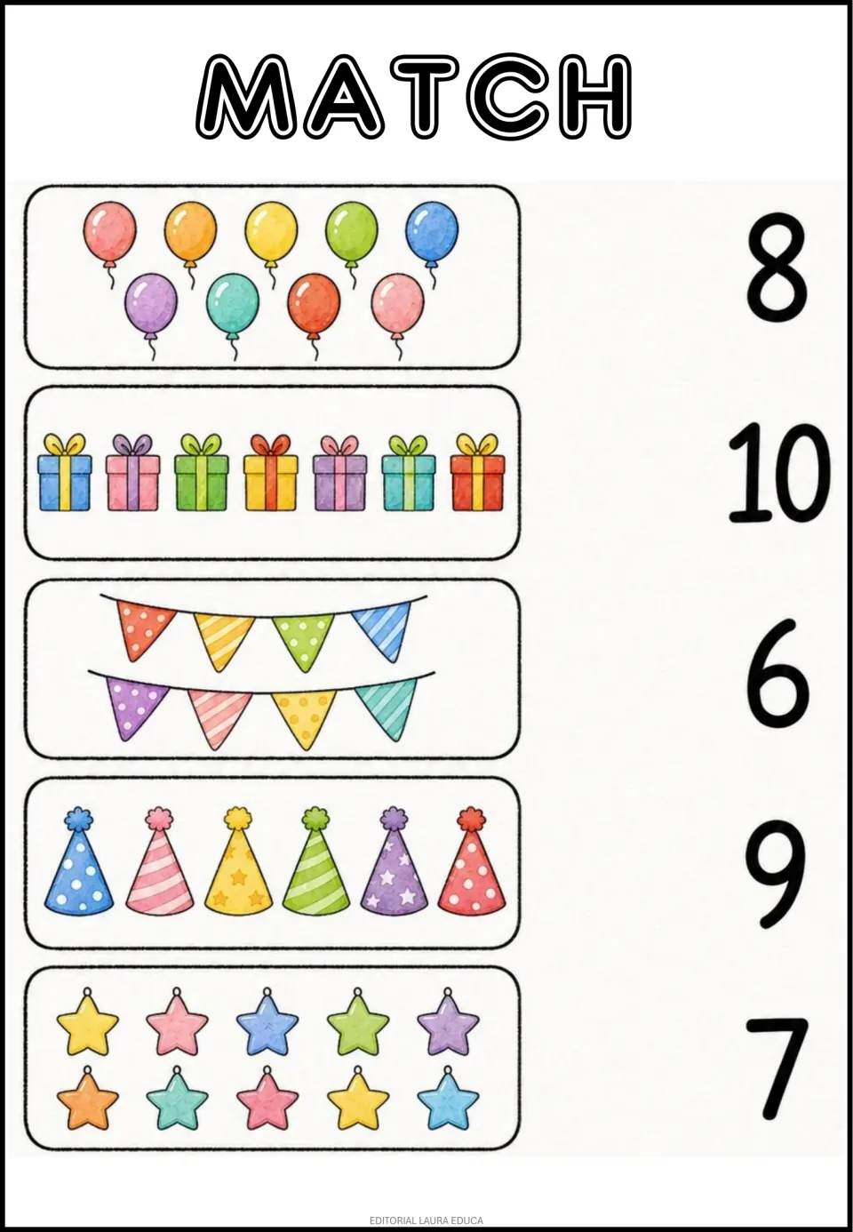 Party counting practice: match 9 balloons, 7 gifts, 8 pennants, 6 party hats, and 10 stars to numerals