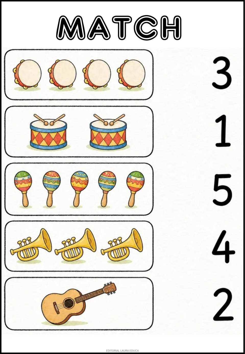 Instrument counting practice: match 4 tambourines, 2 drums, 5 maracas, 3 trumpets, and 1 guitar to numerals