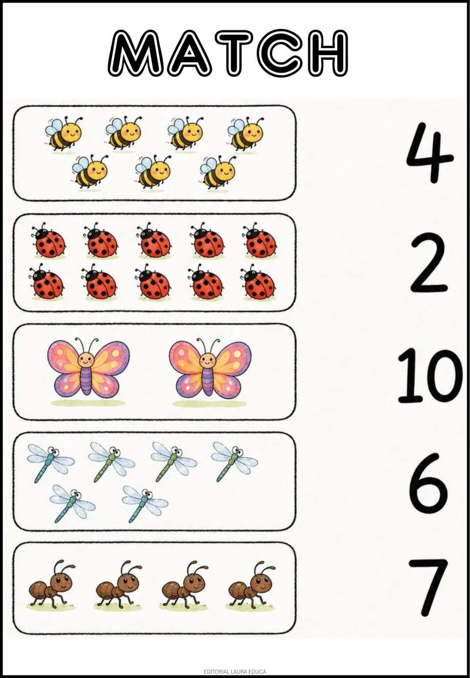 Insect counting practice: match 7 bees, 10 ladybugs, 2 butterflies, 6 dragonflies, and 4 ants to numerals