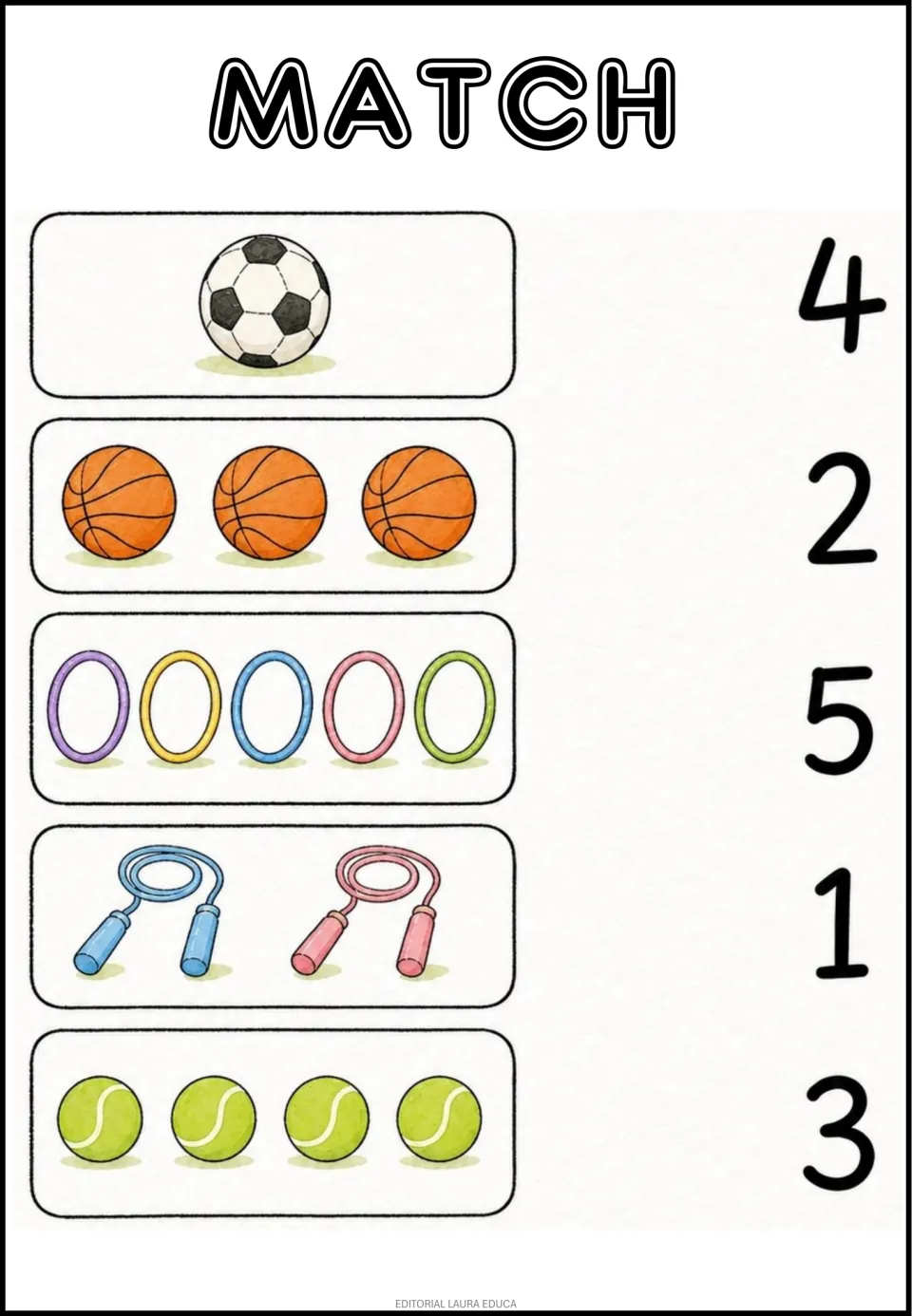 Sports counting practice: match 1 soccer ball, 3 basketballs, 5 hoops, 2 jump ropes, and 4 tennis balls
