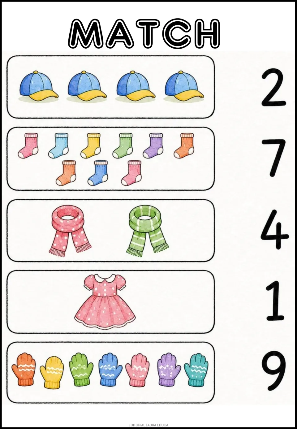 Clothing counting practice: match groups of 4 caps, 9 socks, 2 scarves, 1 dress, and 7 gloves to numerals