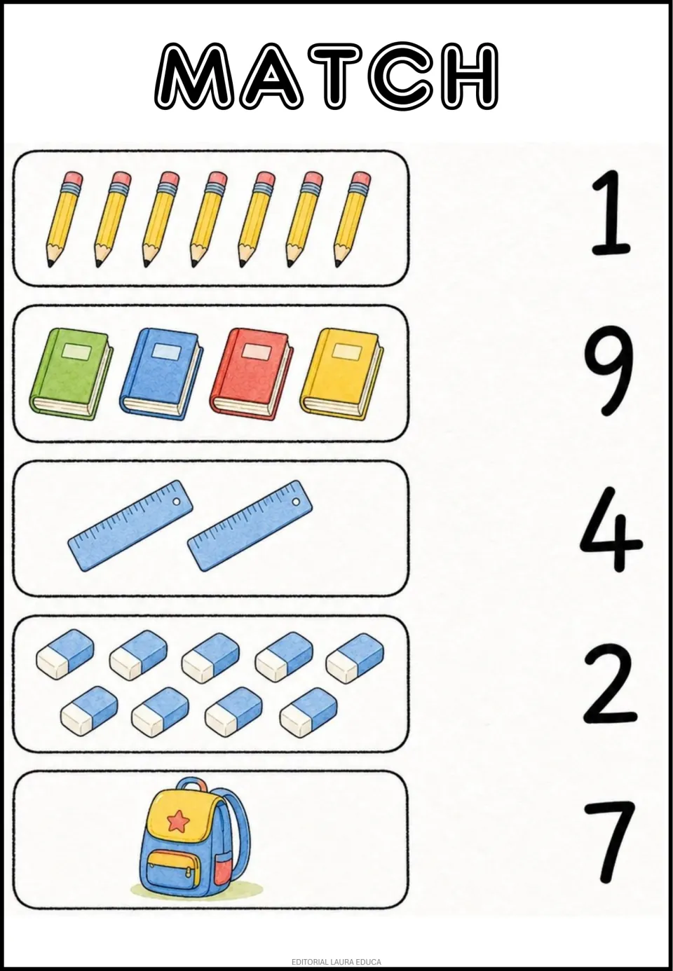 School supply counting practice: match 7 pencils, 4 books, 2 rulers, 9 erasers, and 1 backpack to numerals