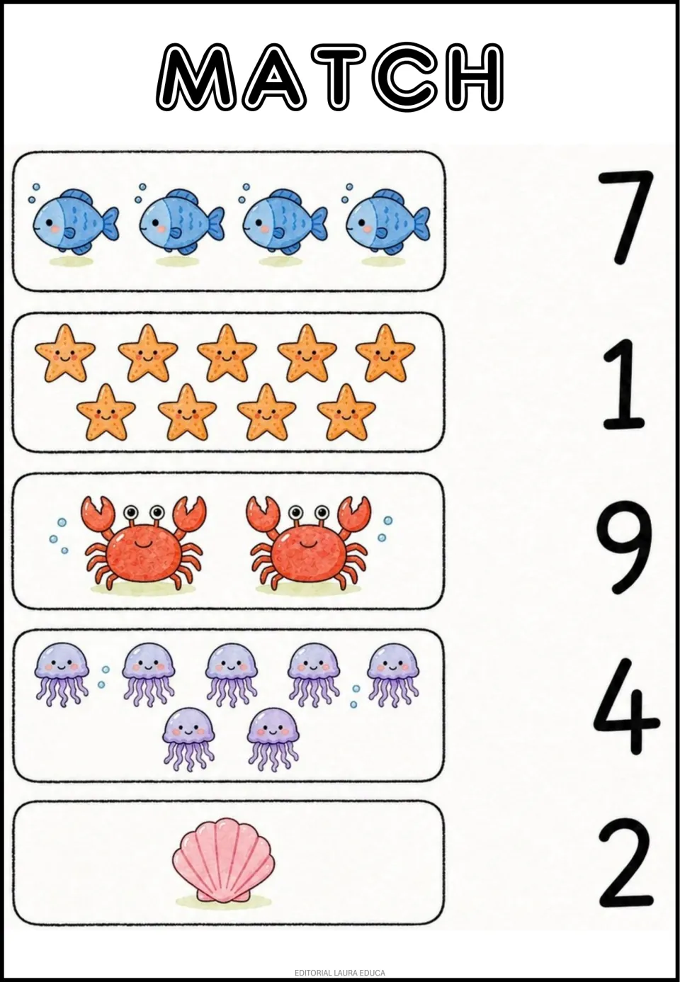 Ocean counting practice: match groups of 4 fish, 9 starfish, 2 crabs, 7 jellyfish, and 1 shell to numerals