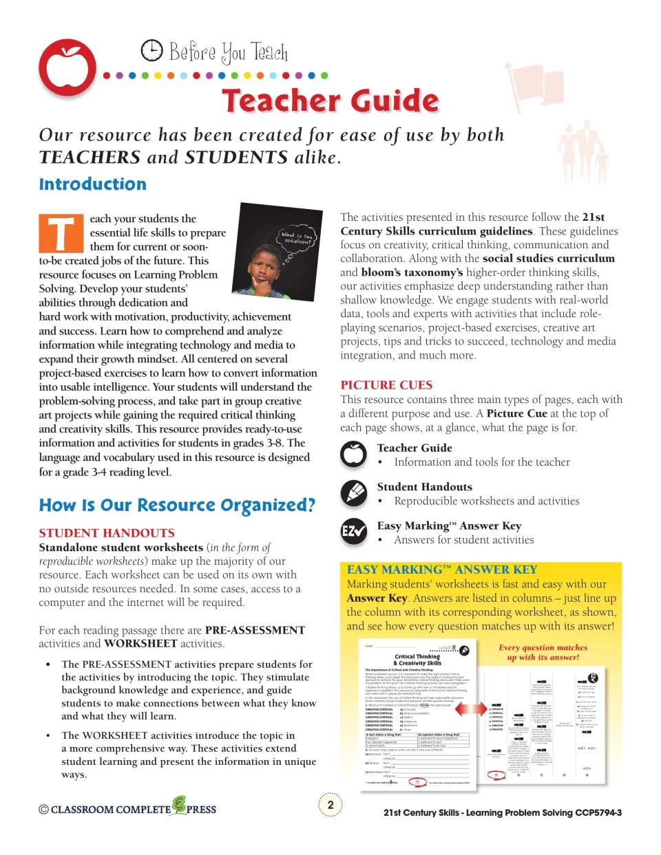 Teacher guide introduction explaining pre-assessment and worksheet pages, picture cues and the answer key