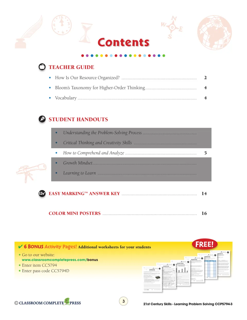 Contents list: teacher guide, student handouts from page 5, answer key on page 14 and color mini posters on page 16