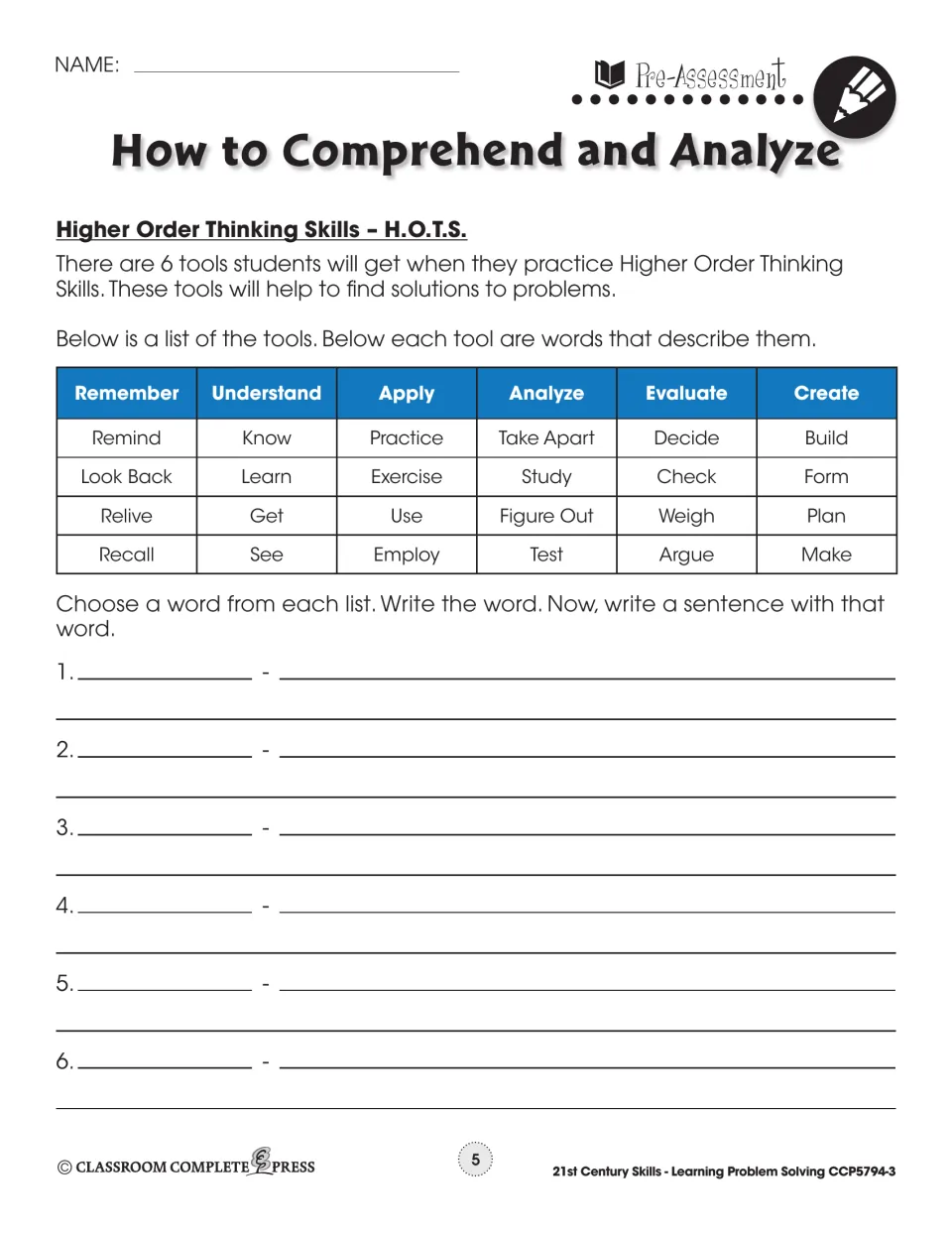 Pre-assessment on six thinking tools (Remember to Create): choose a word like Recall or Weigh and write a sentence