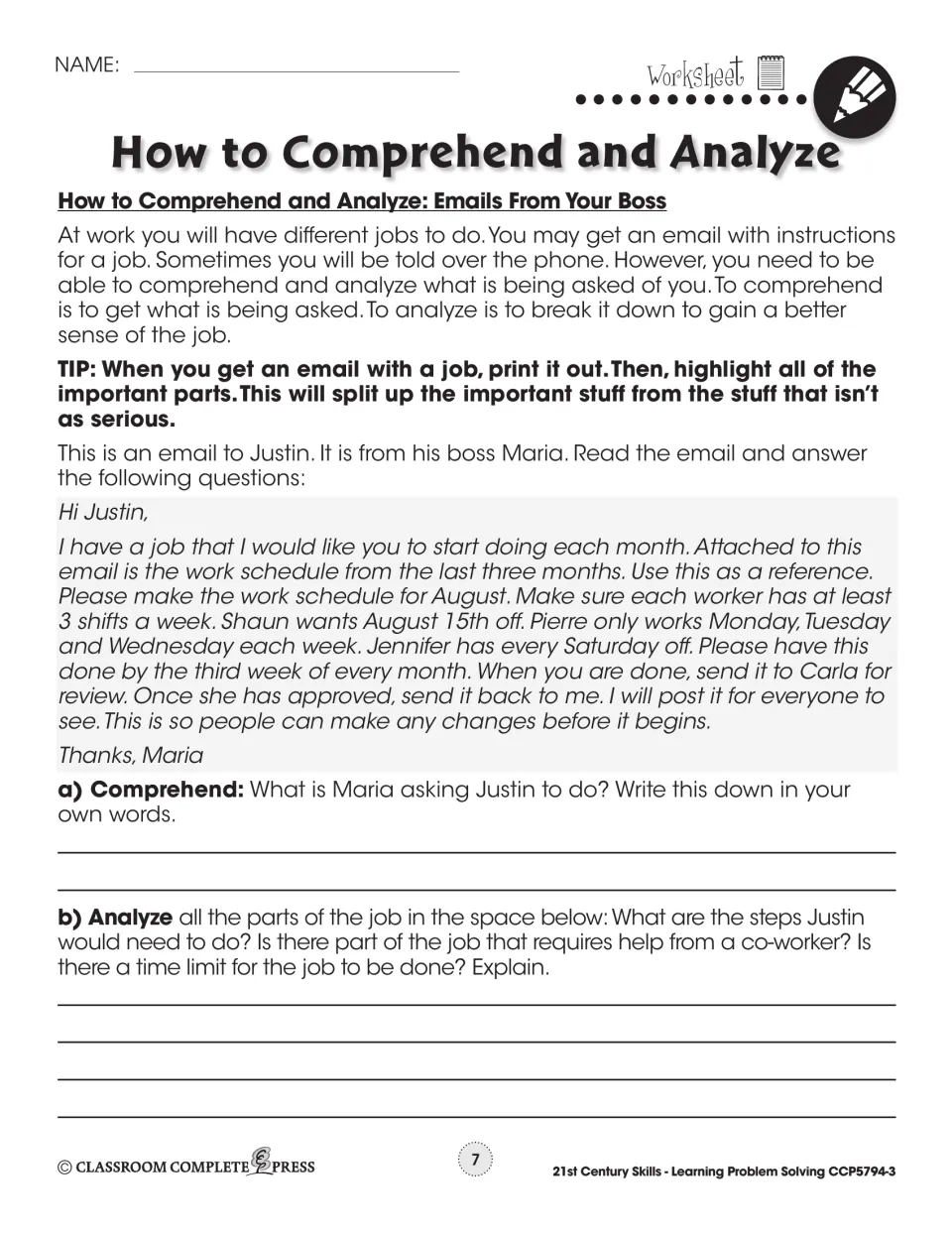 Emails From Your Boss worksheet: Maria asks Justin to make the August work schedule; comprehend and analyze it