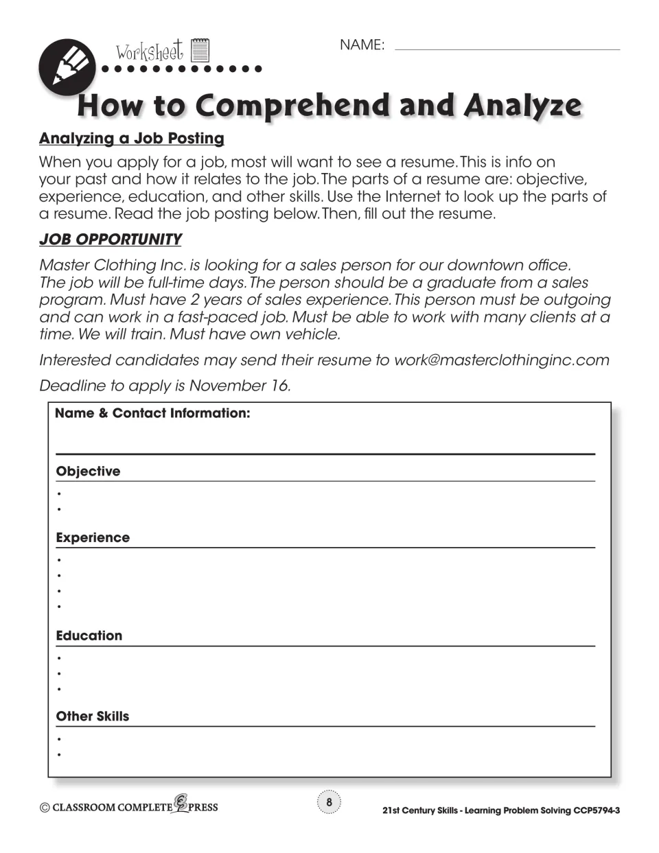 Analyzing a Job Posting: a Master Clothing Inc. sales job ad and a resume form to fill out