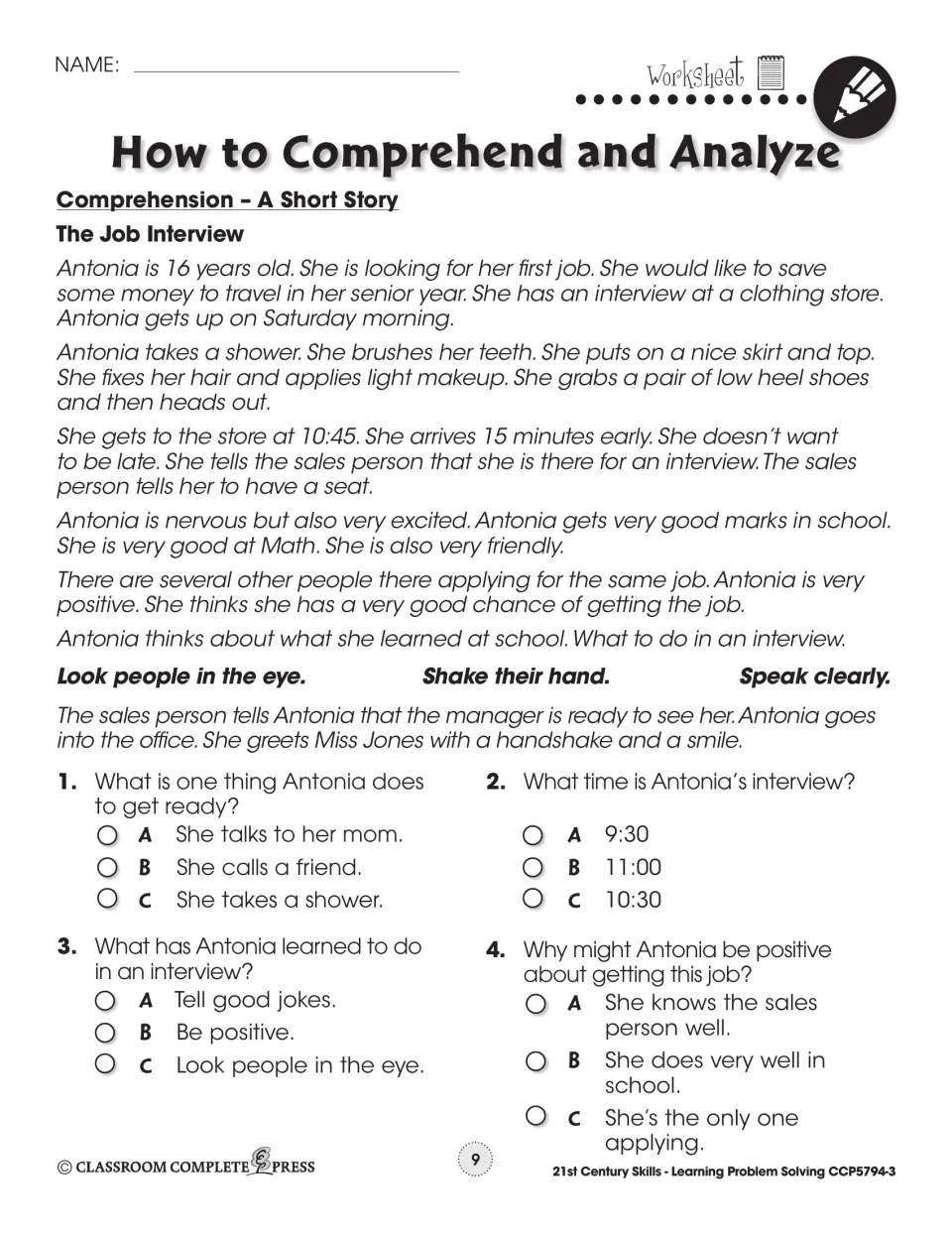 Short story 'The Job Interview' about 16-year-old Antonia, with 4 multiple-choice comprehension questions
