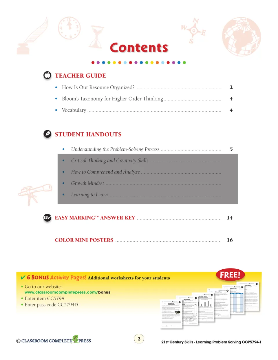 Contents: teacher guide, Understanding the Problem-Solving Process handouts on page 5, answer key on page 14