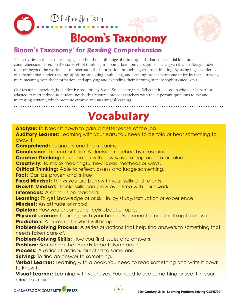 Bloom's Taxonomy and vocabulary list: analyze, comprehend, critical thinking, growth mindset and 19 more terms