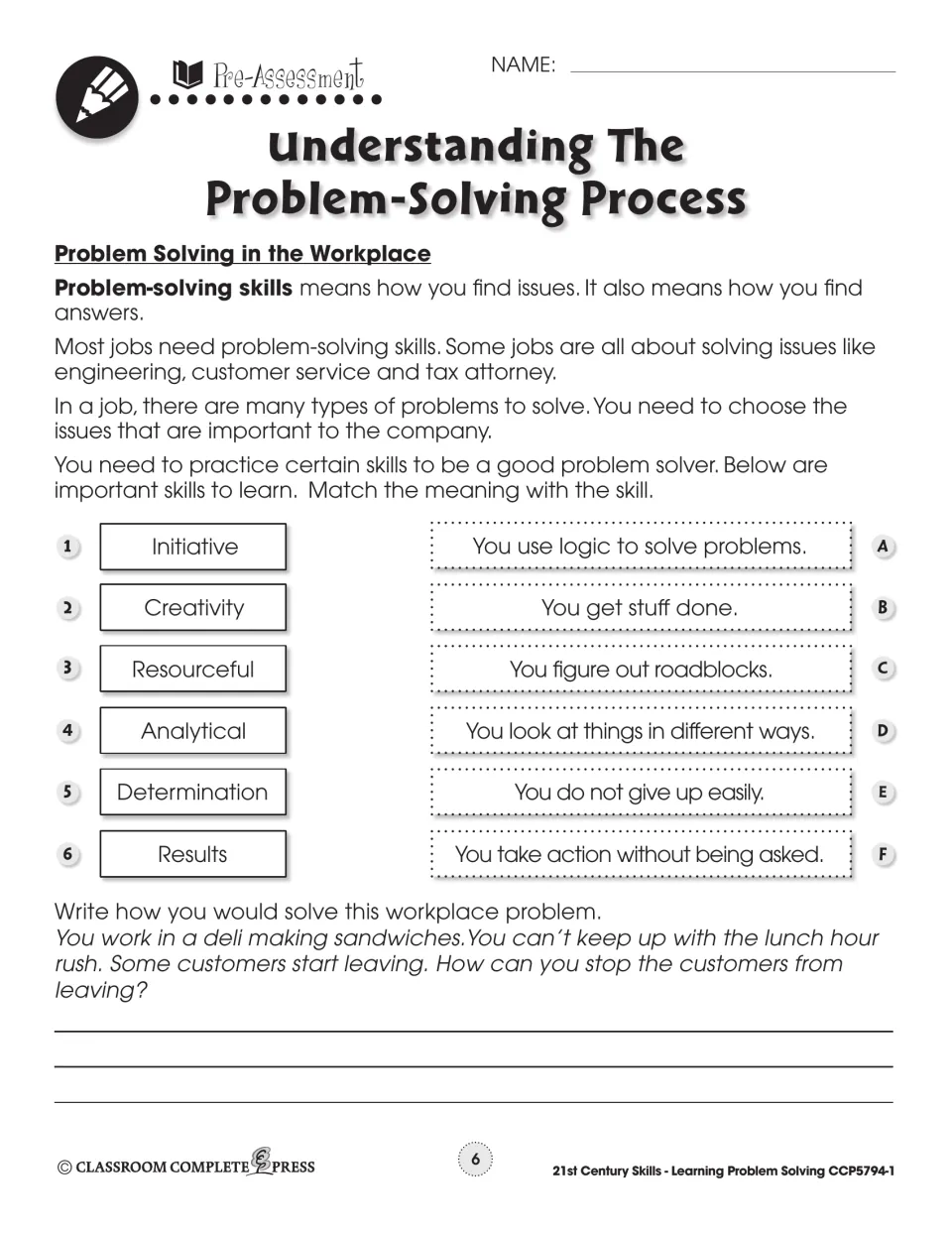 Pre-assessment: match skills like initiative and creativity to meanings, then solve a deli lunch-rush problem