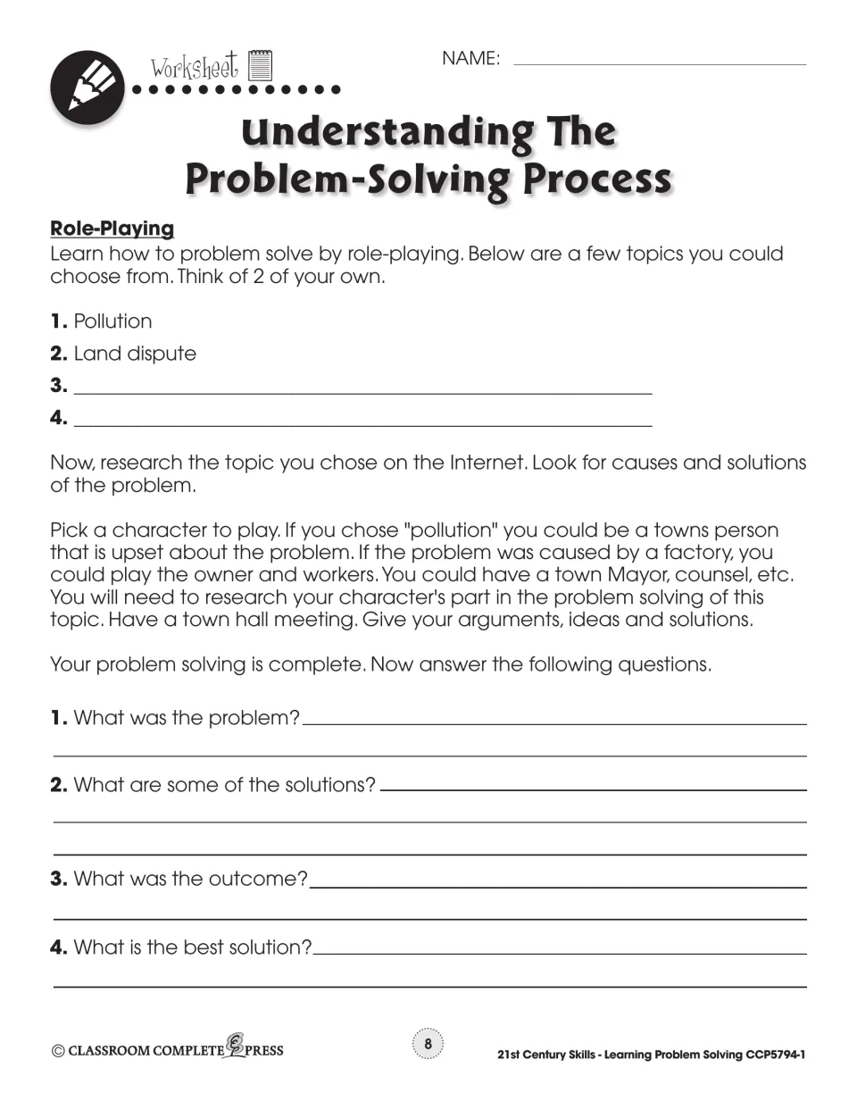 Role-play worksheet on pollution or a land dispute: research, hold a town hall meeting, answer 4 questions