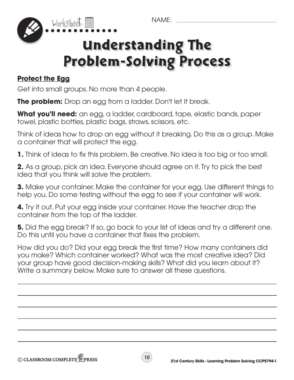 Protect the Egg group task: build a container so an egg dropped from a ladder won't break, then write a summary