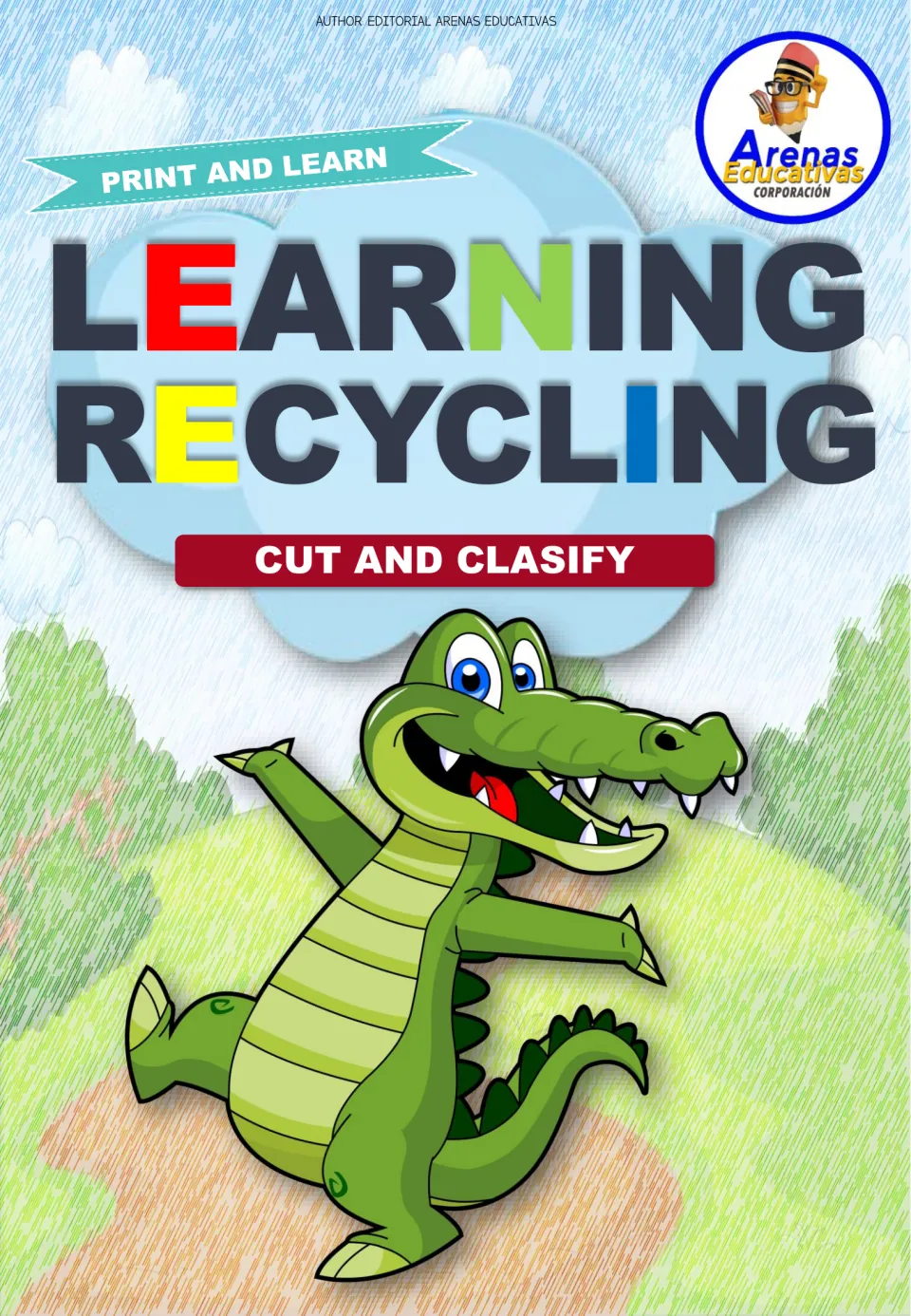 Recycling activity cover titled 'Learning Recycling' with the directions 'Print and Learn' and 'Cut and Clasify'
