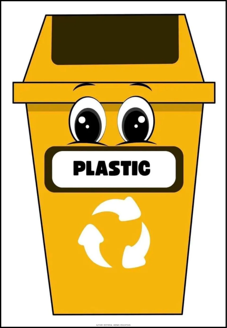 Recycling sorting bin labeled 'PLASTIC,' one of five category pages for classifying the cutout items