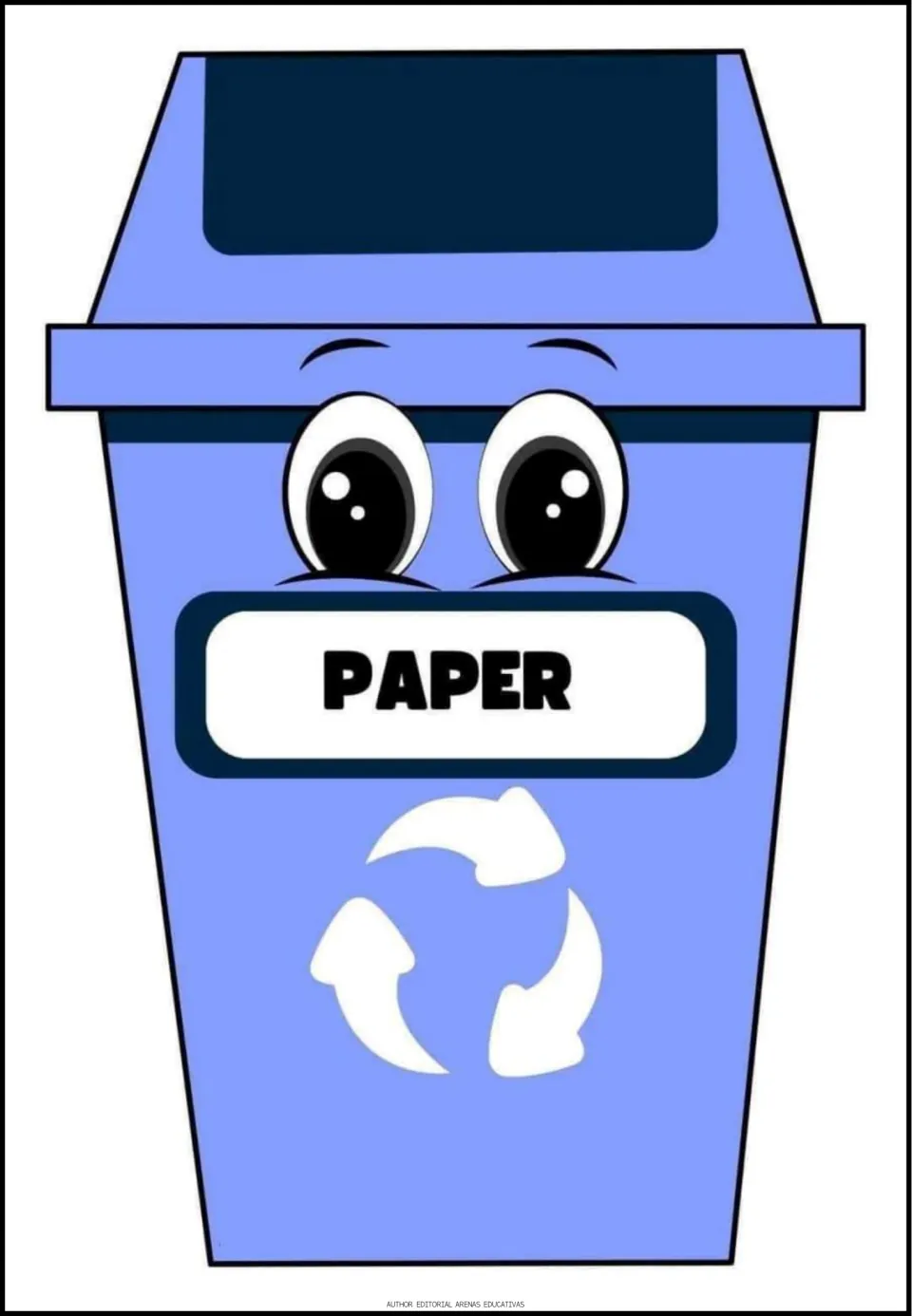 Recycling sorting bin labeled 'PAPER,' one of five category pages for classifying the cutout items