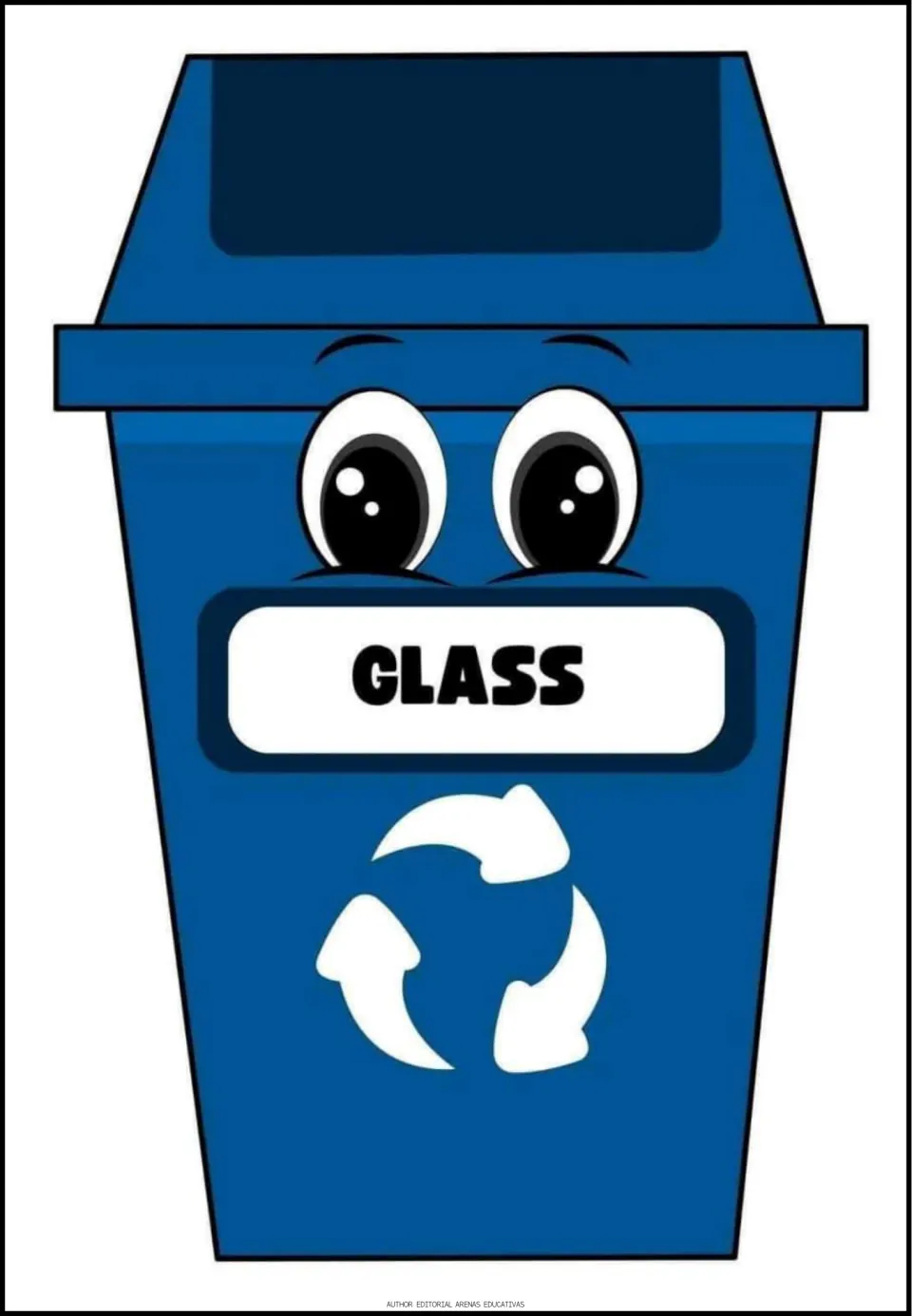 Recycling sorting bin labeled 'GLASS,' one of five category pages for classifying the cutout items